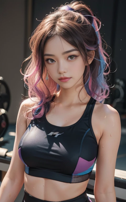 ((huge-breasted)), ((16 years old,)), ((Very small head)), Daylight, Sunlight, Bright light, (Perfect body : 1.1), (fullllbody), (short wavy hair:1.2, dark brown hair, Pink and blue mesh hair, Thin mesh), Full body shot, ((Tight workout wear), (Sweat), (Very detailed CG 8k wallpaper), (extremely delicate and beautiful), (masutepiece), (Best Quality:1.0), (超A high resolution:1.0), (realisitic), beautiful lightning ,Perfect Lightning, Realistic Shadows, [hight resolution], Detailed skin, Ultra-detailed, Slim body), (Beautiful hair, Wavy Hair, Real Hair, detailed hairs, High Ponytail), Fine Collarbone, Beautiful breasts, blush, Photorealistic, Realistic face, Beautiful face, Cute face, Realistic eyes, Small eyes, Cute smile, (((Colorful))), (eye liner), (mascara), (eye shadow), (At the gym), Looking back, bighip, (child-faced),