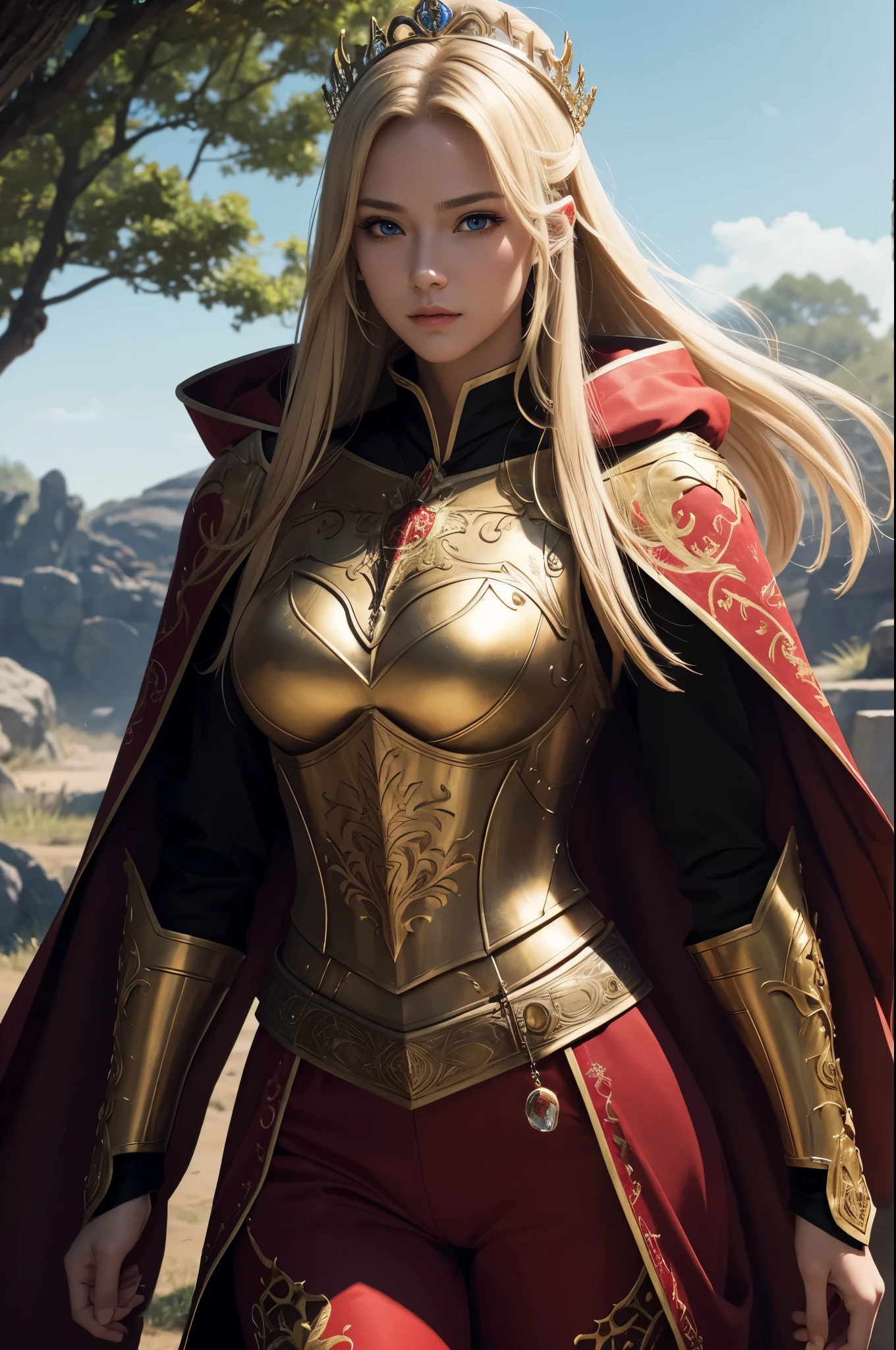 8K,A young blonde girl wearing a gorgeous red, white, and black chest armor., Super beauty(Like the real thing)real looking skin,美しいPrincess Knight,Blue eyes, Princess Knight, ((美しい幻想的なPrincess Knight)), An elegant , gorgeous princess paladin, 美しいPrincess Knight,超A high resolution,Masterpiece,A hyper-realistic,Fantasyart,curacter art,cinestill 800,alluring glance,A sexy,a closeup,A sexyな胸鎧,細くwell-muscledな身体,combat scene,action scene,actionpose,Equipped with a rapier on the waist,Royal coat of arms carved into the chest armor,red and white luxurious cloak,Fight enemies,slender body,well-muscled,gorgeous red and black pants(Golden embroidery),tiny chest,Juvenile look,Rugged look,