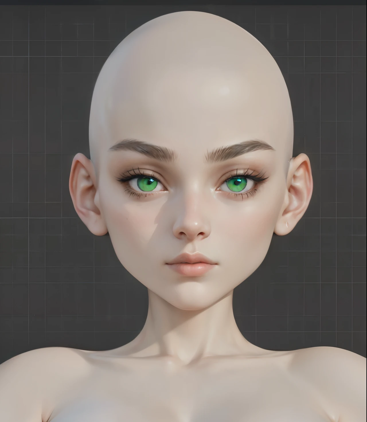 close-up of the head of a very beautiful girl with a bald head and green eyes, Detailed body and eyes, ultra detailed face and eyes, with a very detailed face, highly detailed face and eyes, pointed face and gray eyes, with fully detailed faces, Detailed body and face, detailed face and body, Visible and detailed face, detailed eyes with pupils, Super detailed face and eyes