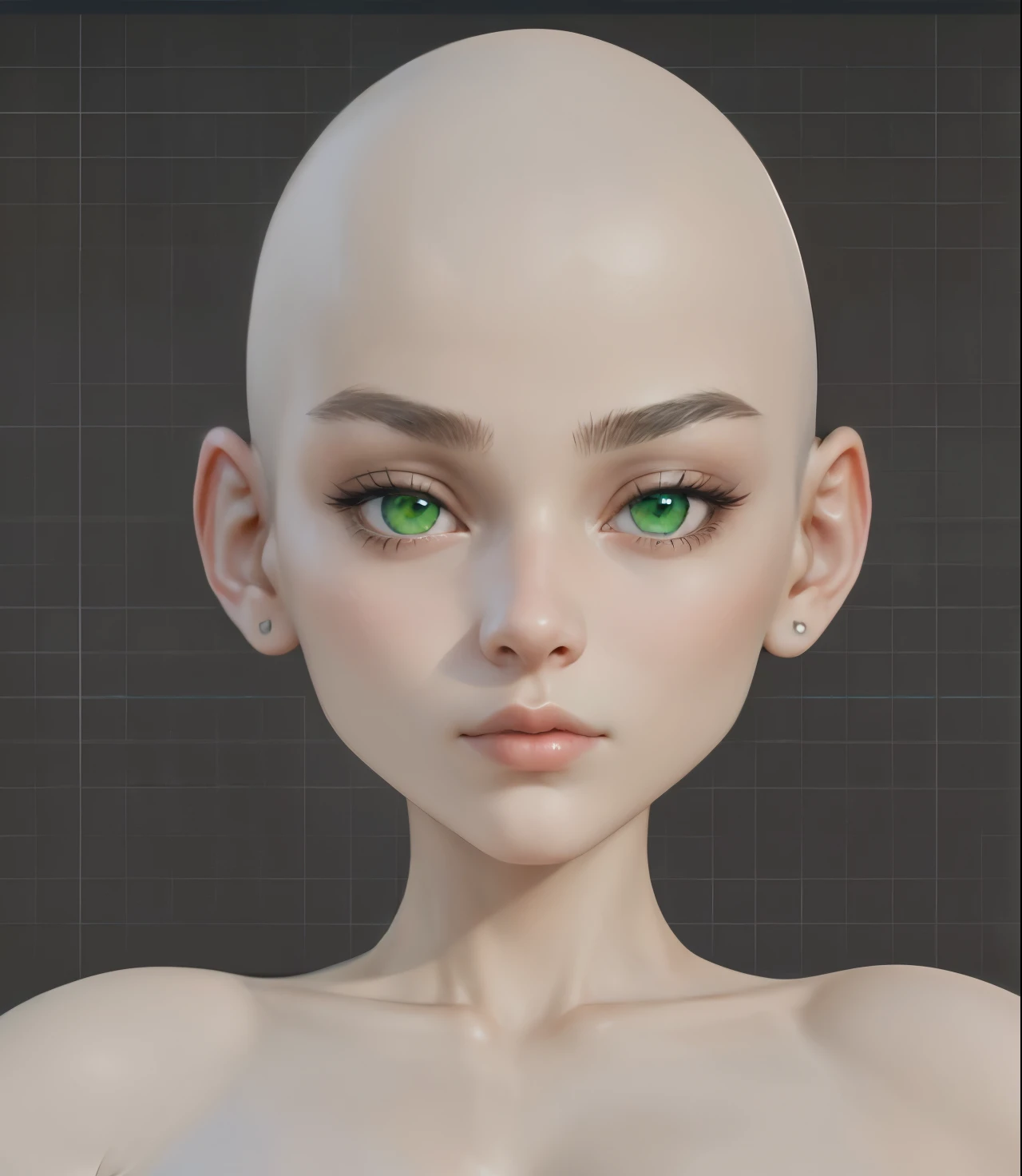 close-up of the head of a very beautiful girl with a bald head and green eyes, Detailed body and eyes, ultra detailed face and eyes, with a very detailed face, highly detailed face and eyes, pointed face and gray eyes, with fully detailed faces, Detailed body and face, detailed face and body, Visible and detailed face, detailed eyes with pupils, Super detailed face and eyes