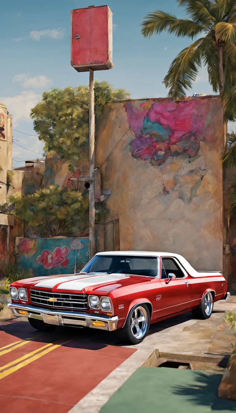 1966–1975 Chevrolet El Camino SS, 3d render, painting, poster, illustration, graffiti, vibrant