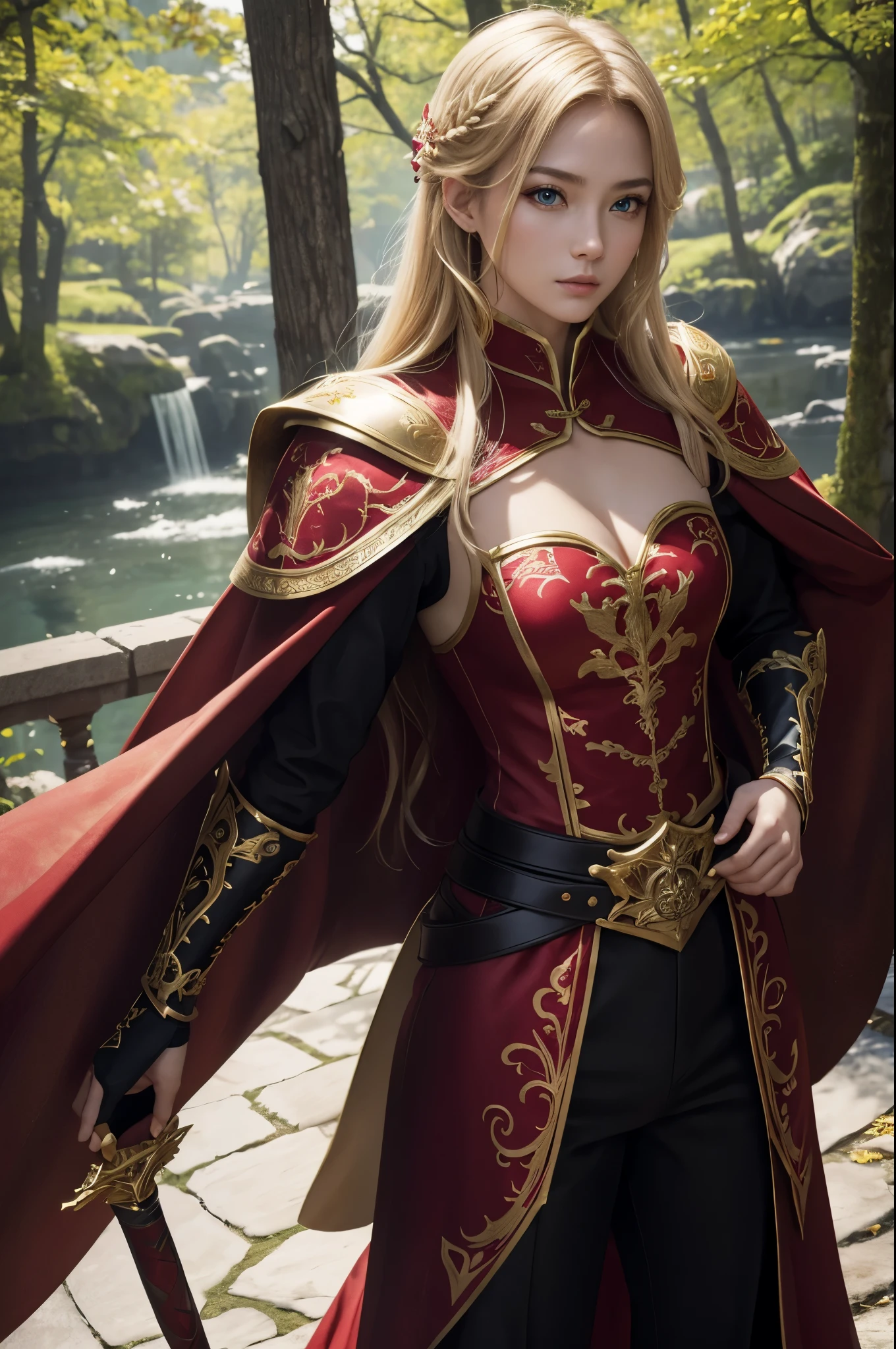 8K,Blonde girl wearing luxurious red, white, black and blue chest armor, Super beauty(Like the real thing)real looking skin,美しいPrincess Knight,Blue eyes, Princess Knight, ((美しい幻想的なPrincess Knight)), An elegant , gorgeous princess paladin,  美しいPrincess Knight,超A high resolution,Masterpiece,A hyper-realistic,Fantasyart,curacter art,cinestill 800,alluring glance,A sexy,a closeup,A sexyな胸鎧,細くwell-muscledな身体,combat scene,action scene,actionpose,Equipped with a rapier on the waist,Royal coat of arms carved into the chest armor,red and white luxurious cloak,Fight enemies,slender body,well-muscled,gorgeous red and black pants(Golden embroidery),tiny chest,Juvenile look,Rugged look,身長が低いPrincess Knight,