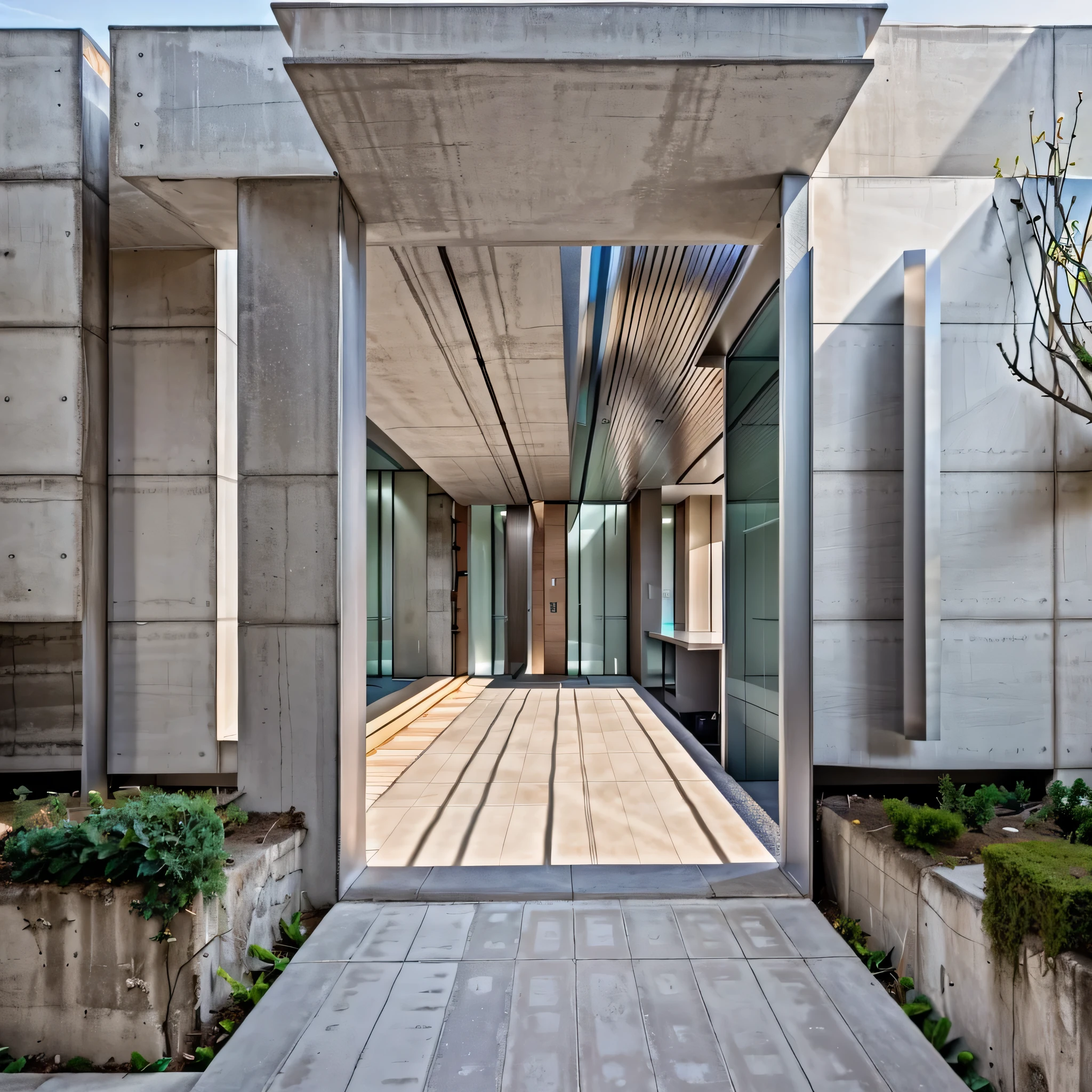 a view of a modern building with a large open door, lighting on concrete, minimalist design