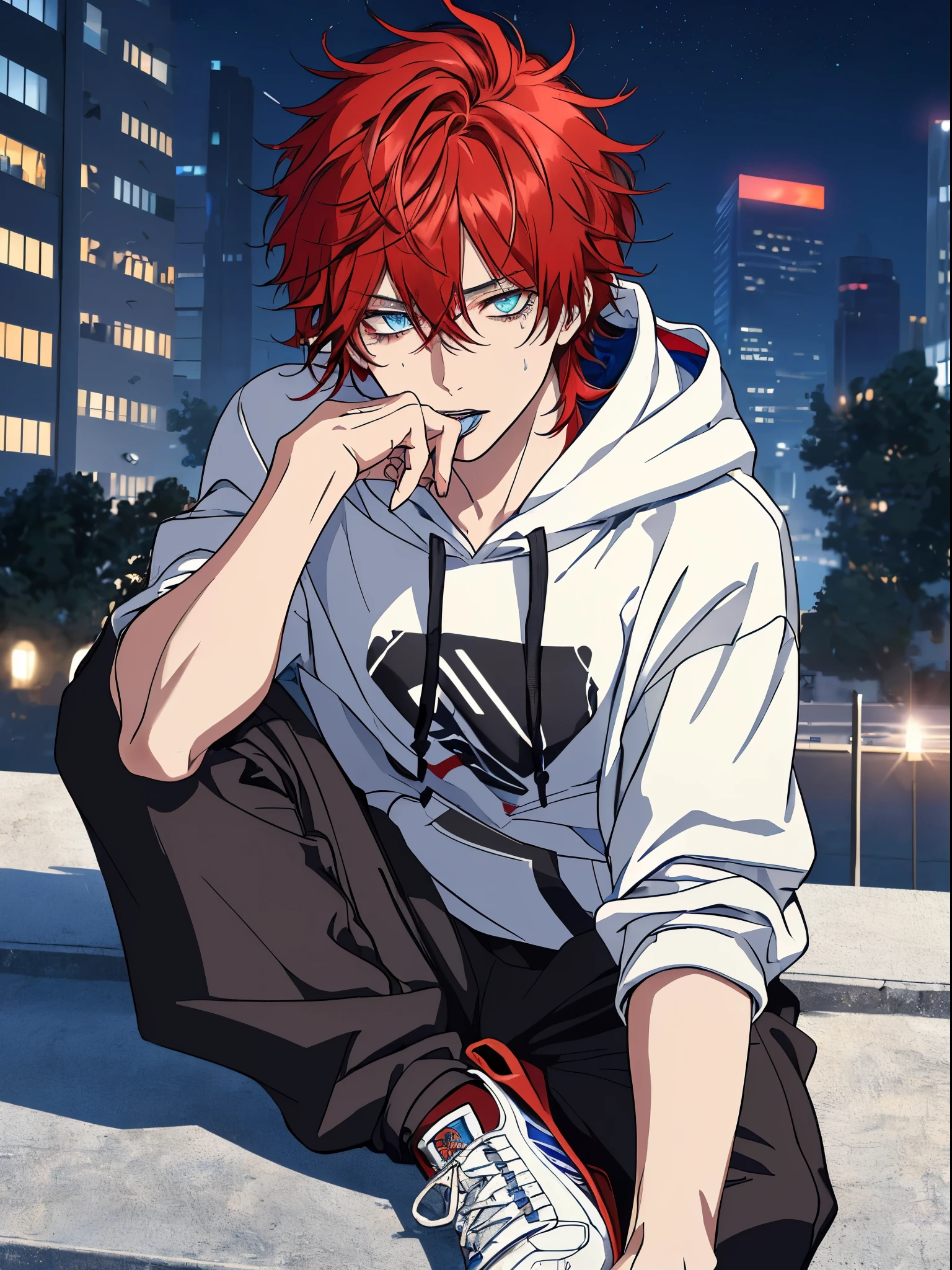 ((highest quality, masterpiece, 4k, finely detailed, detailed eyes, detailed face, dynamic lighting)), sitting on rooftop ((solo)), 1 male, handsome, broad shoulders, cigarette in mouth, looking at viewer ((sharp eyes, half-lidded eyes. blue eye color)), ((red hair, shaggy hairstyle, messy hair), wearing modern street wear: hoodie, sweatpants, sneakers, city at night in the background