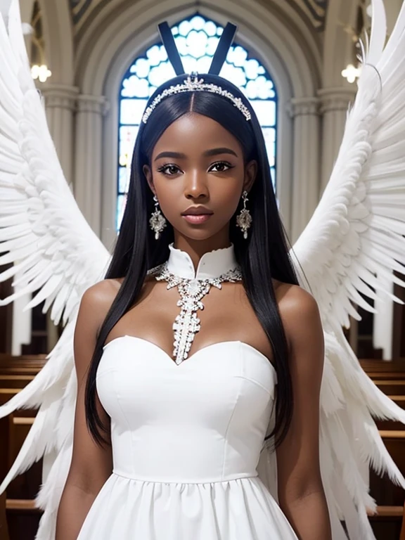 Beautiful black African angel in white dress, halo, white feathers, African church in the background