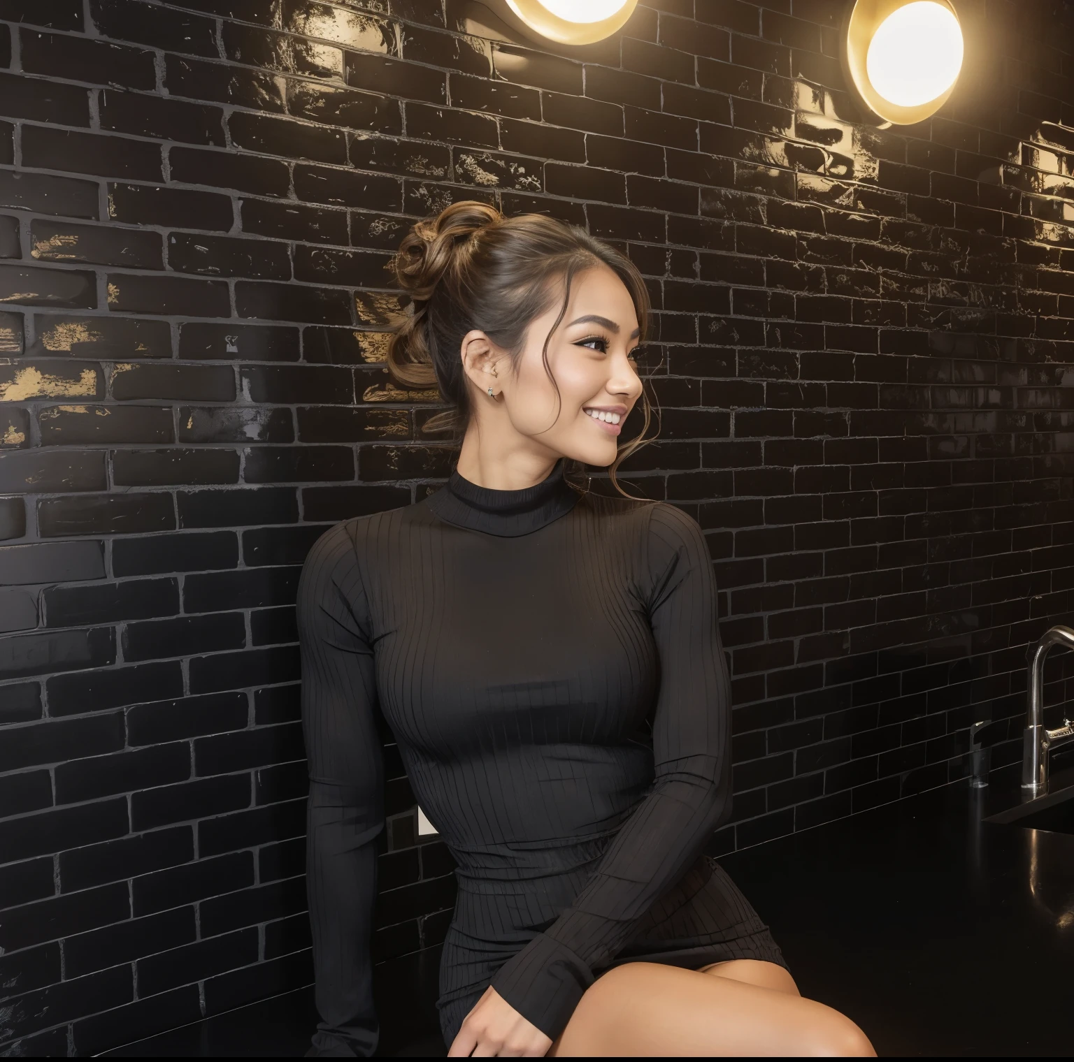 Young Thai woman, Fit physique, fitness physique, wearing sexy black lingerie sitting on the couch with legs open, corps sexy, (8k), (Best quality), (Masterpiece:1.3), (Realstic), (photoreallistic:1.34), Ultra-detailed, [beautiful detailed  eyes], (sourire), (sourire), (beautiful nose detailed), [very long blonde hair], (haut court), lingerie noire, (superbes seins taille normale), (gros plan), profondeur de champ, full body view, sitting on sofa, legs spread, showing crotch, pieds en l'air