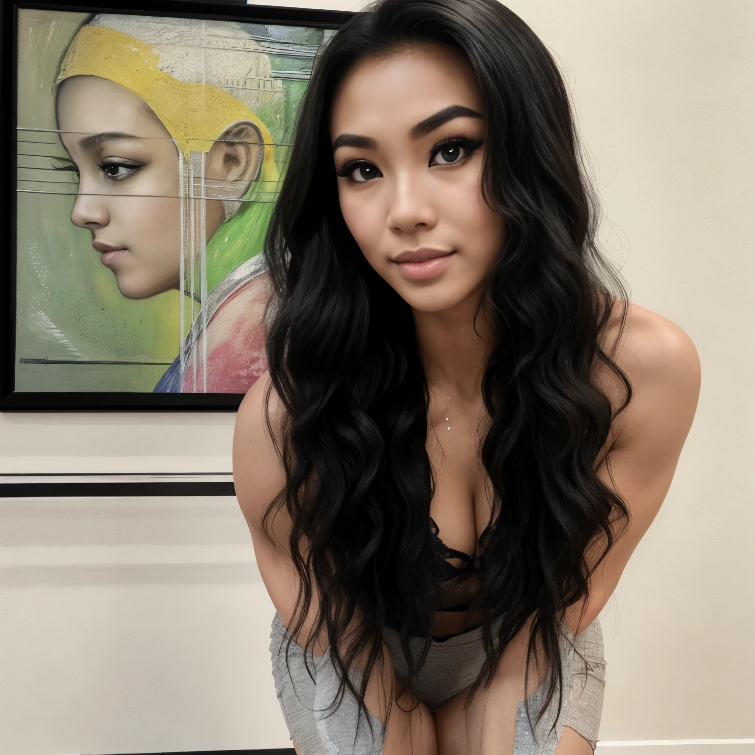 Young Thai woman, Fit physique, fitness physique, wearing sexy black lingerie sitting on the couch with legs open, corps sexy, (8k), (Best quality), (Masterpiece:1.3), (Realstic), (photoreallistic:1.34), Ultra-detailed, [beautiful detailed  eyes], (sourire), (sourire), (beautiful nose detailed), [very long blonde hair], (haut court), lingerie noire, (superbes seins taille normale), (gros plan), profondeur de champ, full body view, sitting on sofa, legs spread, showing crotch, pieds en l'air