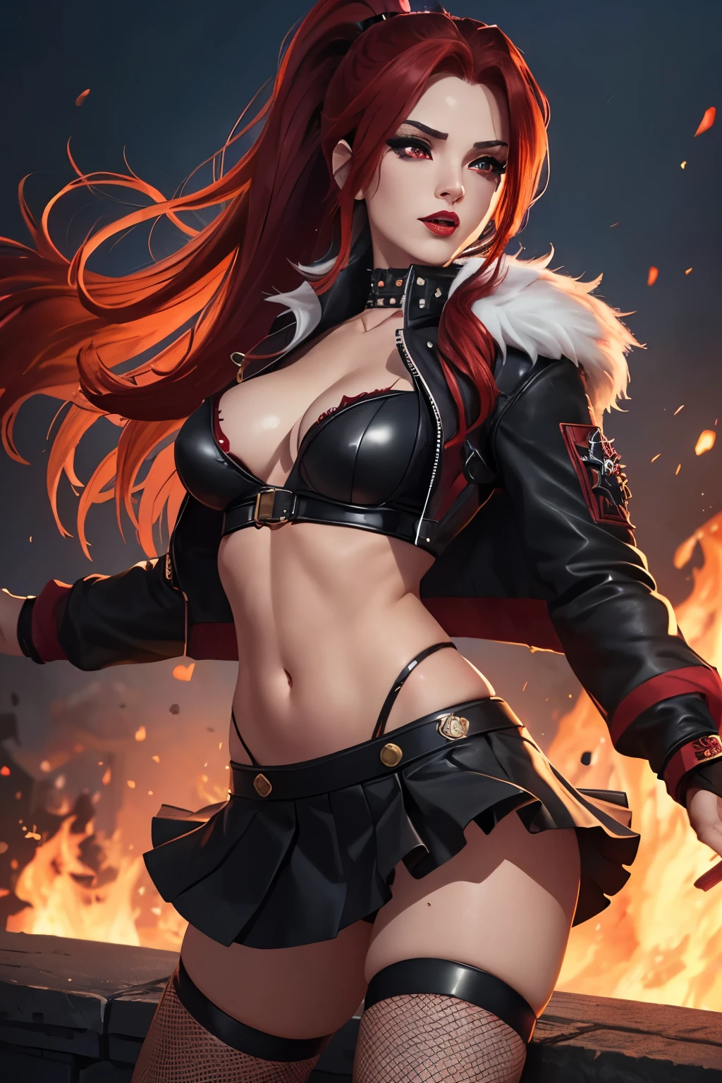 (1 woman), (highly detailed:1.2), (sexy gorgeous beautiful elegant), (aroused excited woman), (seductive pose:1.2), red eyes, detailed mouth, detailed nose, (detailed fur-lined black jacket:1.1), (wearing punk skirt:1.3), (messy fire red ombre ponytail), (windswept fire background), confident, (thigh high fishnets), (thong-straps), (wearing jacket around arms with visible shoulders), soft warm skin tone, thin visible stomach, huge breasts, detailed red lipstick (dynamic lighting:1.2), masterpiece, 8k, (detailed face nose and eyes:1.2), heroic fantasy style, katarina league of legends face.