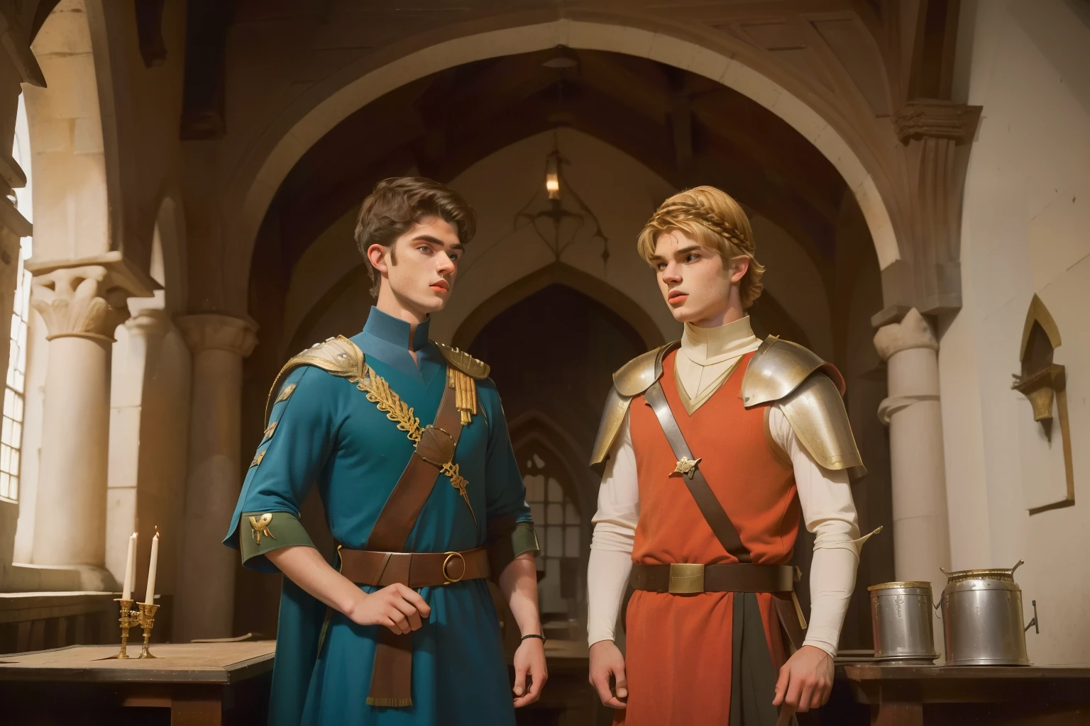 1140, Winchester, England. otherworldly scene in a medieval palace, ((((17-year-old)) Matthew Daddario)), with ((((23-year-old)) Hunter Parrish)), knights, arguing, fighting, angry, hate, ((((tunic from the 12th century)))), ((Hairstyle of the 12th century)), ((Wes Anderson cinematic style)), colorful
