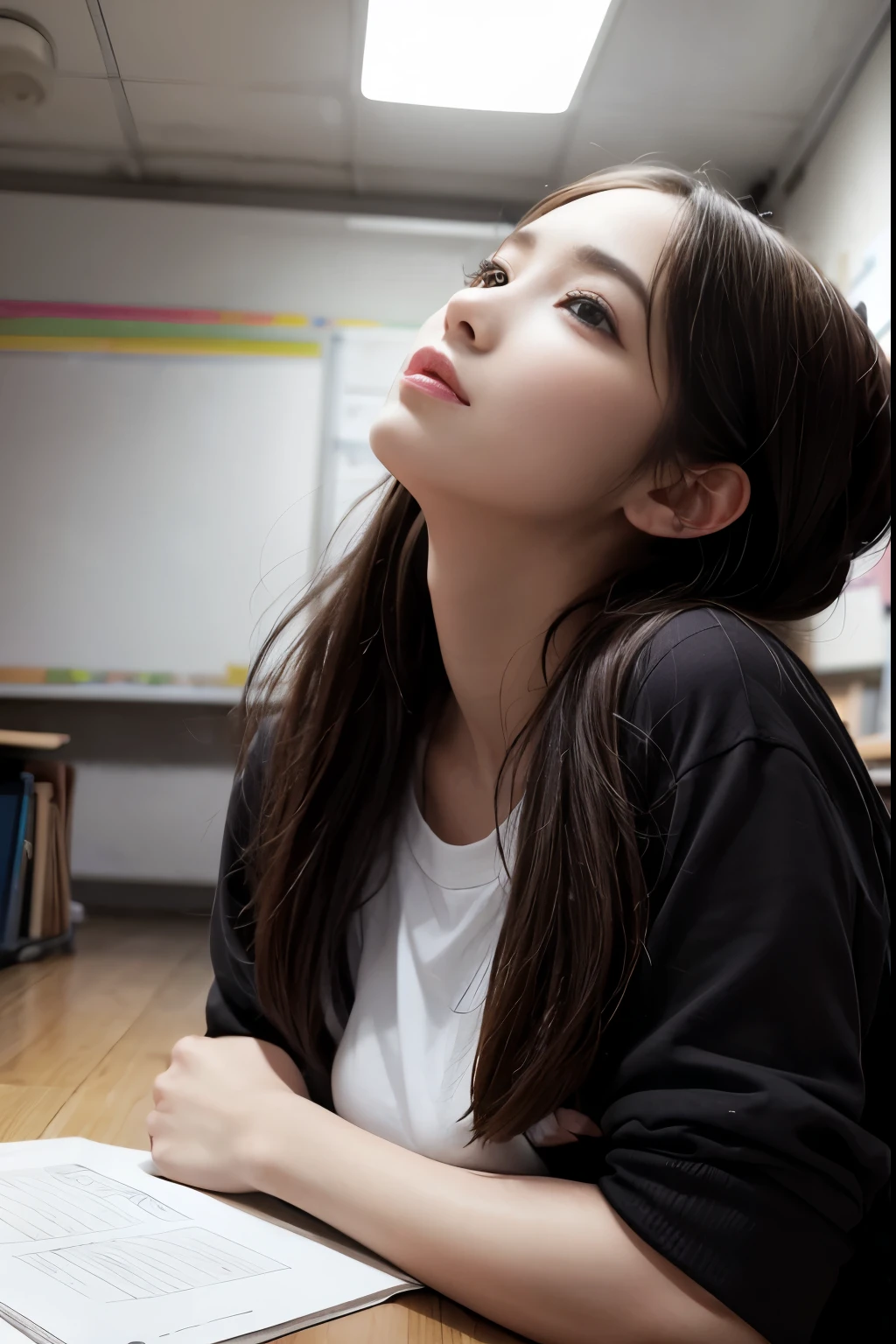 24-year-old female student lies in the middle of the art classroom as a model.Fair skin.White lighting.white classroom.sketch canvas.Look at the camera.Looking up from below