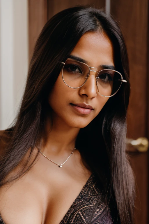 the beautiful woman with long hair and dark glasses, in the style of 8k resolution, close-up, dark silver and light brown, indian scenes, queer academia, high quality, precisionist lines, whistlerian --ar 69:128 --s 750 --v 5.2