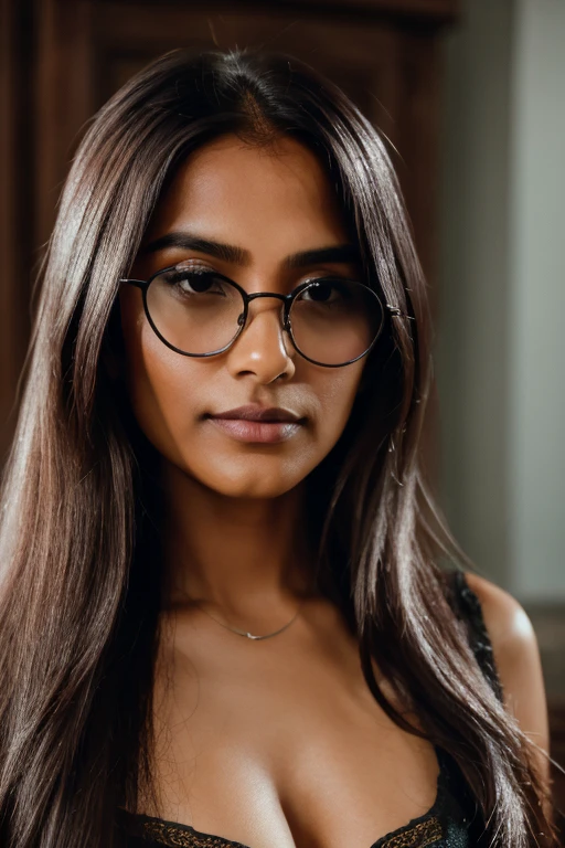 the beautiful woman with long hair and dark glasses, in the style of 8k resolution, close-up, dark silver and light brown, indian scenes, queer academia, high quality, precisionist lines, whistlerian --ar 69:128 --s 750 --v 5.2
