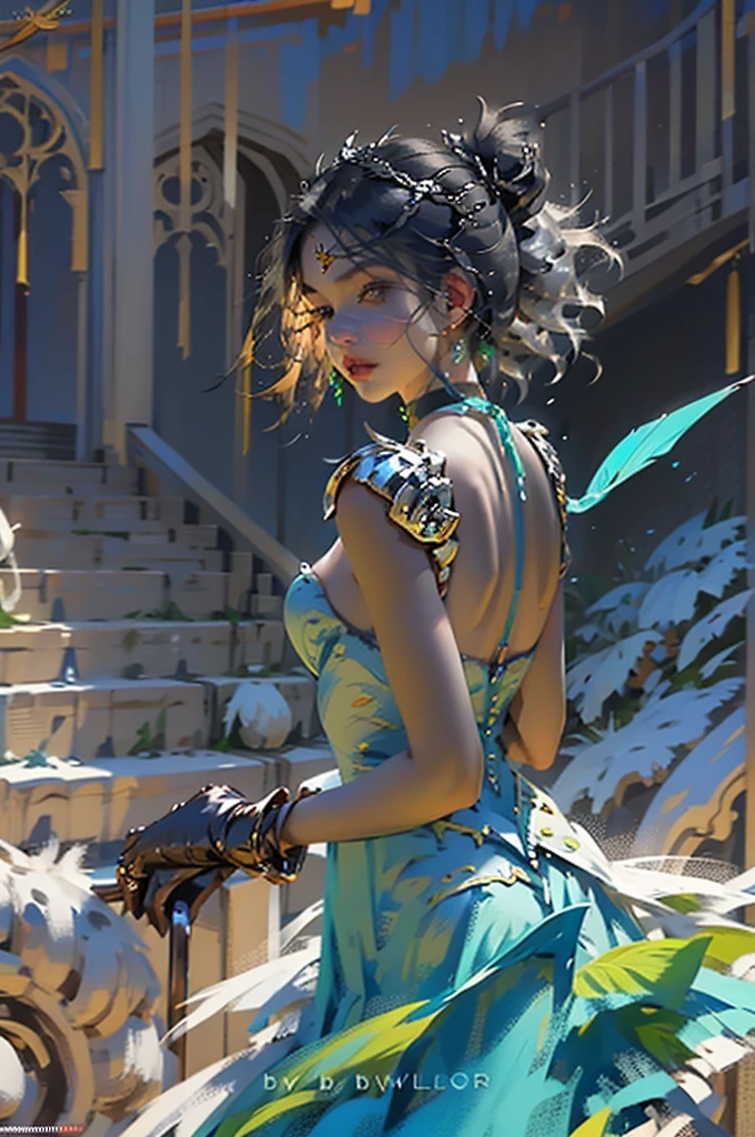 sunset, outdoors, sky, day, multiple girls, 2girls, standing, long hair, black braid hair,single braid,hair ornament, gloves,puffy short sleeves, skirt, black gloves, puffy sleeves,short sleeves, armor, bracelet, black skirt, hair over shoulder, shoulder armor, gem,railing, horizon, bare back,, green eyes, upper body, earrings, parted lips, teeth, choker, artist name, necklace, bracelet, lips, floating hair, watermark, ring, wind, gem, web address, red lips, head chain, grey hair, single hair bun, feathers, , feather hair ornament, dress, bare shoulders, blue dress, backless outfit, backless dress, tiara, elf, strapless dress, stairs, red lips, jewelry, earrings, water, from behind, bird, ocean, back, beach, watercraft, waves, shore, see through, , best quality,ultra high res,, floating flowers, floating hairs, (shining), best lighting, best shadow, blurry background, Crepuscular rays, foggy, ((rim light)),, pastel color, warm light,