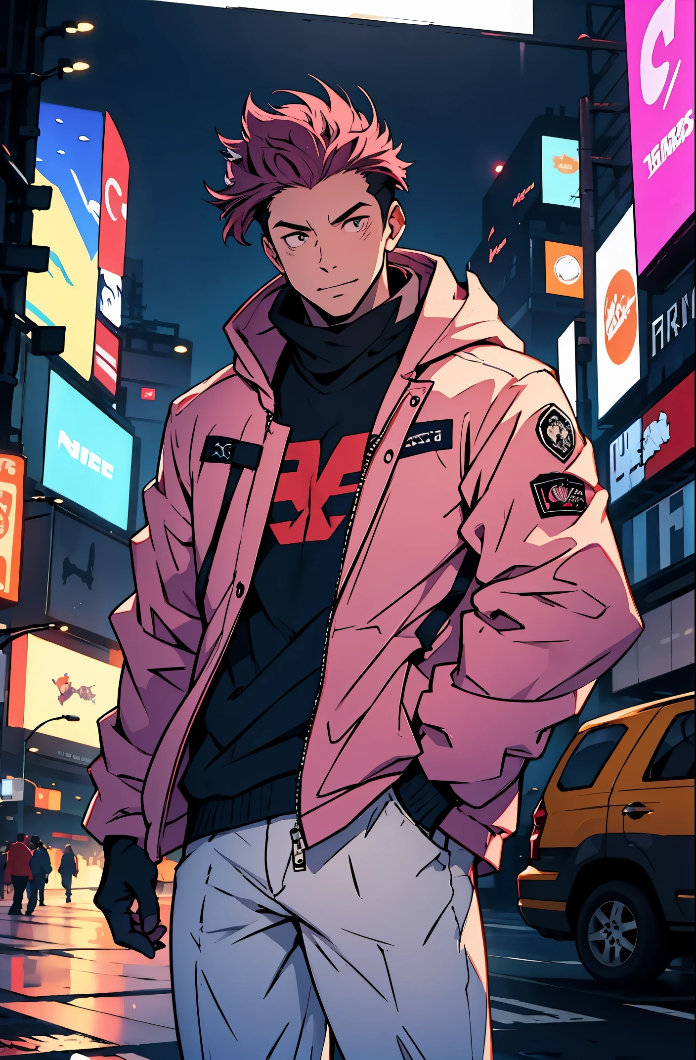 A mais alta qualidade, 8K, image high resolution, good ilumination, sombras detalhadas, Detailed strokes, no meio de uma avenida movimentada estilo Times Square de noite , inverno, apoiado em um dos postes, adolecente, Yuji Itadori, Dark Pink Hair , wearing a cold jacket , masculo , Tight chest in jacket , (angulo de baixo), (Angulo de Perto), pernas definidas, defined arms, com a camisa,