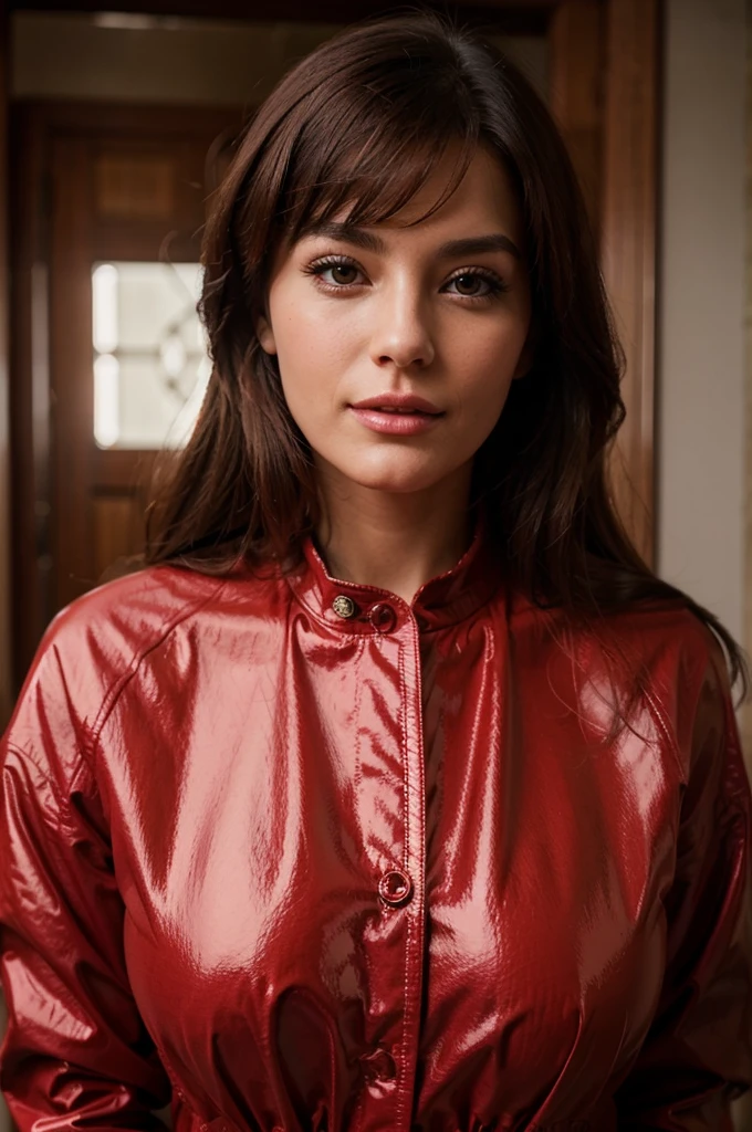 50 year woman, buttoned shiny red jacket, photorealistic beautiful face, big breasts