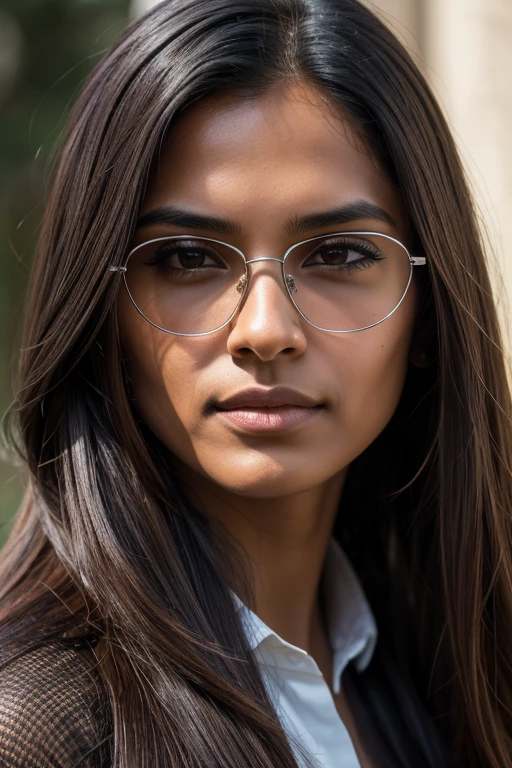 the beautiful woman with long hair and dark glasses, in the style of 8k resolution, close-up, dark silver and light brown, indian scenes, queer academia, high quality, precisionist lines, whistlerian --ar 69:128 --s 750 --v 5.2