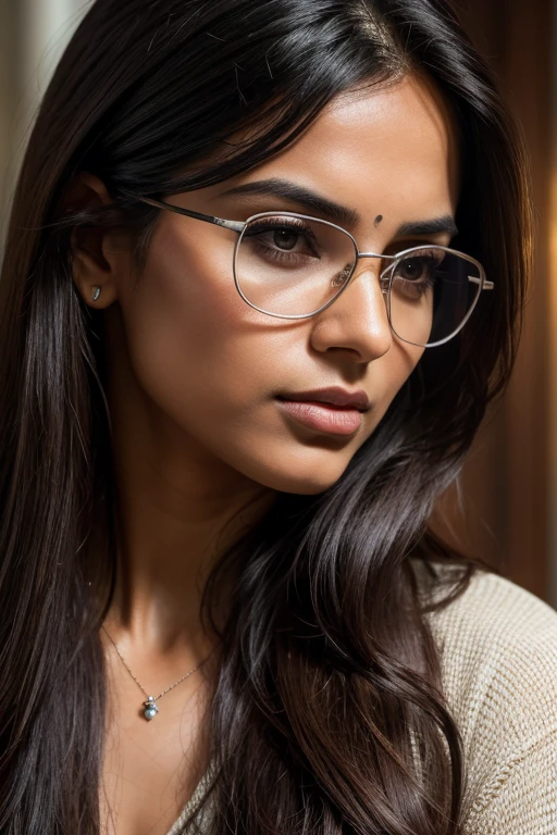 the beautiful woman with long hair and dark glasses, in the style of 8k resolution, close-up, dark silver and light brown, indian scenes, queer academia, high quality, precisionist lines, whistlerian --ar 69:128 --s 750 --v 5.2