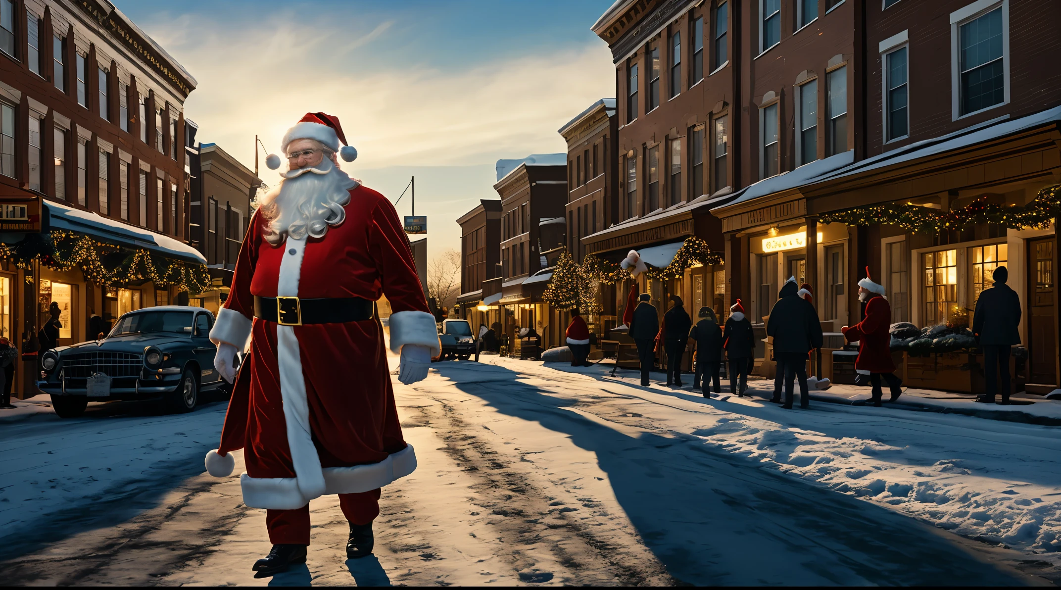 Santa Claus descends into the city, a typical New Jersey residential complex, in the style of Detailed Brushwork, Luminous Color Palette, Masterful Composition, Realistic Lighting and Shadows, Varied Textural Effects, American Life, Small-Town Settings, Family and Community, Social Commentary, Holiday Celebrations.
