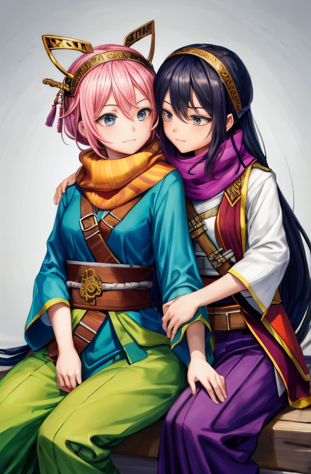 two female oen soldiers with colorful robes, sitting,dynamic pose,big eyes,trousers, vests, scarves, and headgear, along with traditional Ottoman armor and weapons. there have just two soldiers and they are looking streight,touch each other, Tease a friend's belly, Tease a friend's buttocks, Blushing friend, Biting a friend's earlobe, Hug each other from behind, Touch your friend's breast from below,