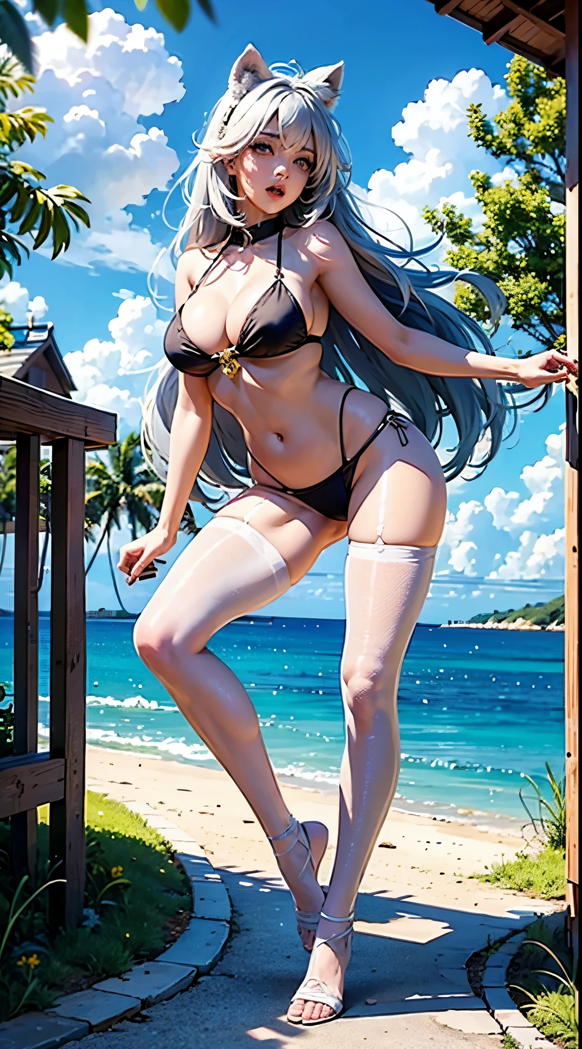 high qulity,tmasterpiece,ultra - detailed,A high resolution,,nabel,比基尼,hand on her own chest,,The halo,full bodyesbian,wide blue eyes,Raised sexy,8K,,Beth,sentado na praia,lacepantyhose,with her mouth open,,cute big breasts鼻子,cute big breasts,The legs are relatively long,Big chest,The eyes are relatively large,long whitr hair,The eyeballs are relatively large,Eyes sparkle,Tender feet,The nose is relatively large,white color hair,No shoes,prette,bikini,at a forest,Long legs,cute big breasts脸,jade foot,Running posture