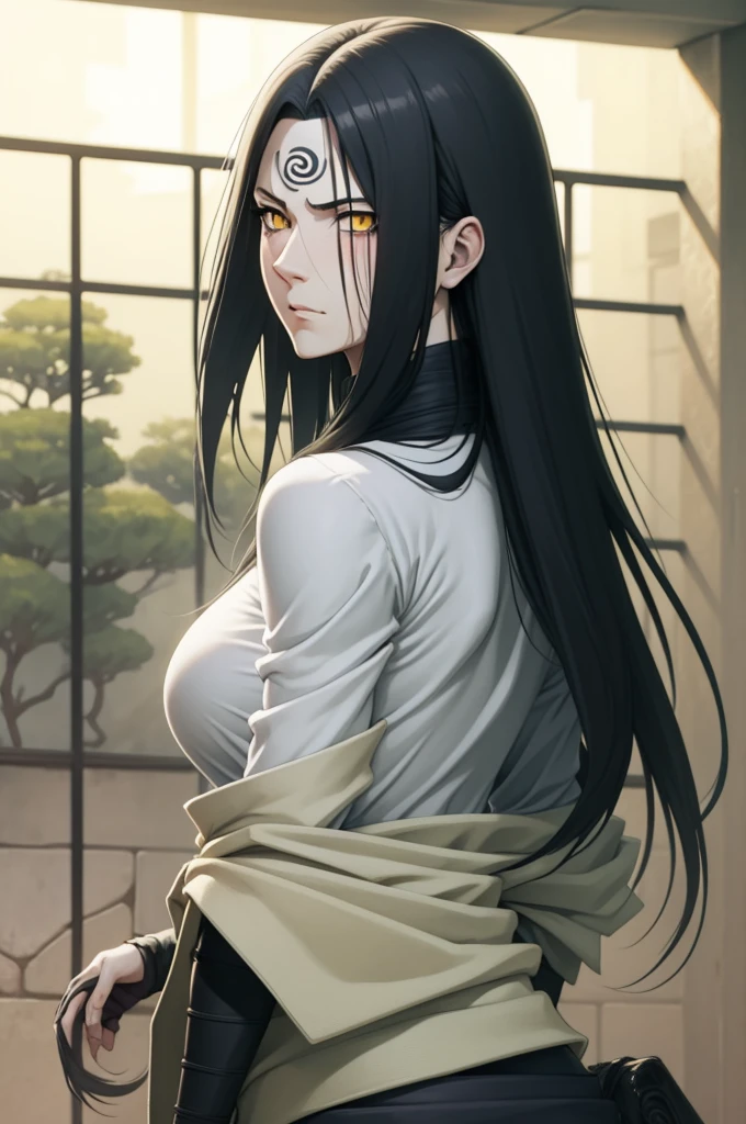 {-erro_de_anatomia:1.0} estilo anime, Masterpiece, absurdities, Orochimaru\(Naruto\), 1girl Solo, Mature woman, Oversized shirt with broad shoulders, Perfect composition, Detailed lips, large breasts, Beautiful face, body proportion, Blush, Long hair, yellow eyes, Soft gauze, Super realistic, Detailed, photo shoot, Realistic faces and bodies, masterpiece, best quality, best illustration, hyper detailed, 1 girl, solo, glamorous, blushing, whole body, backwards, looking back