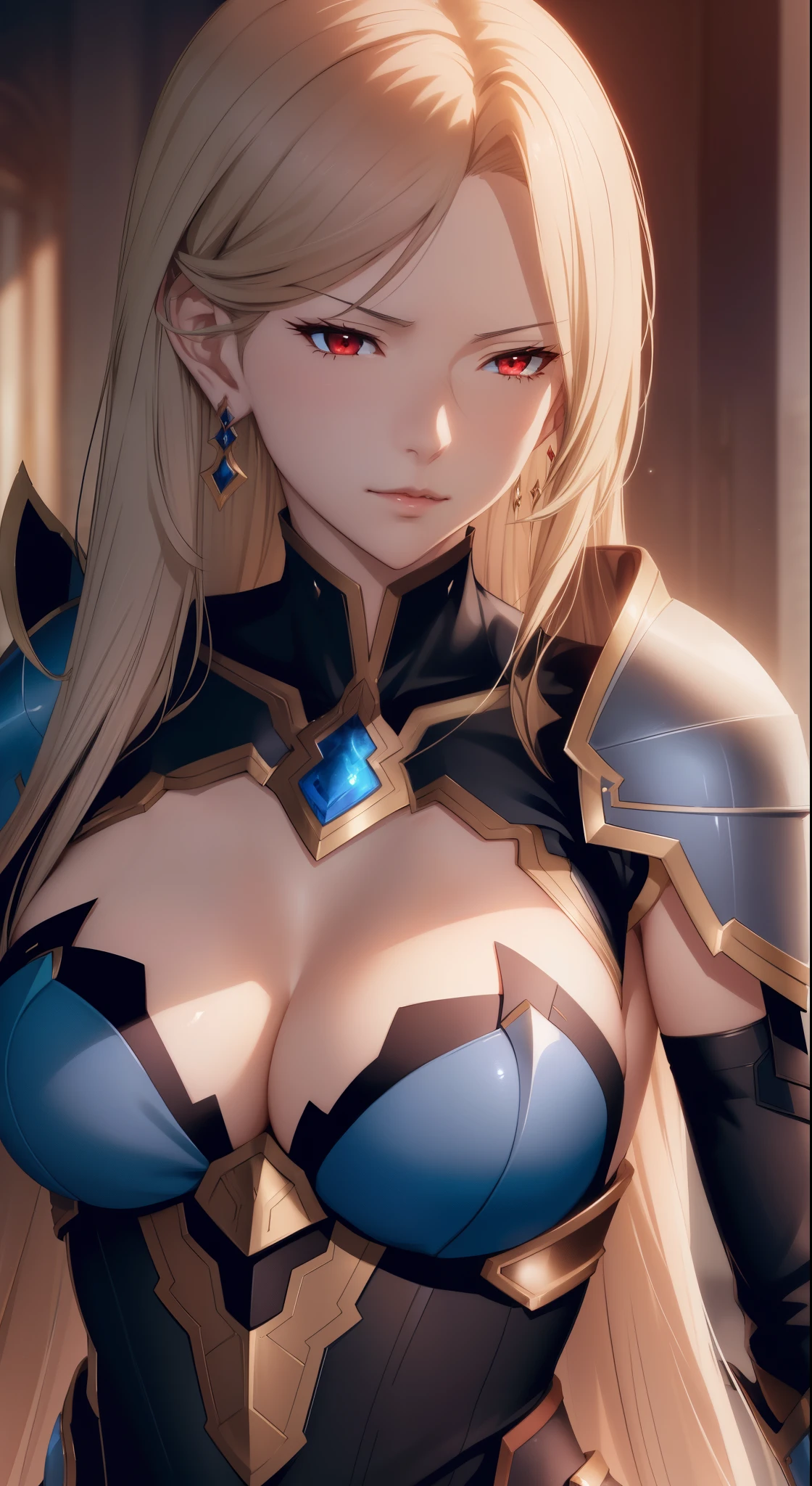 (Katalina from granblue fantasy), elegant, adult woman, long hair, earrings, shoulder armor, armor, breastplate, red eyes, elegant face, high resolution, extremely detail 8k cg, close-up portrait, granblue fantasy style