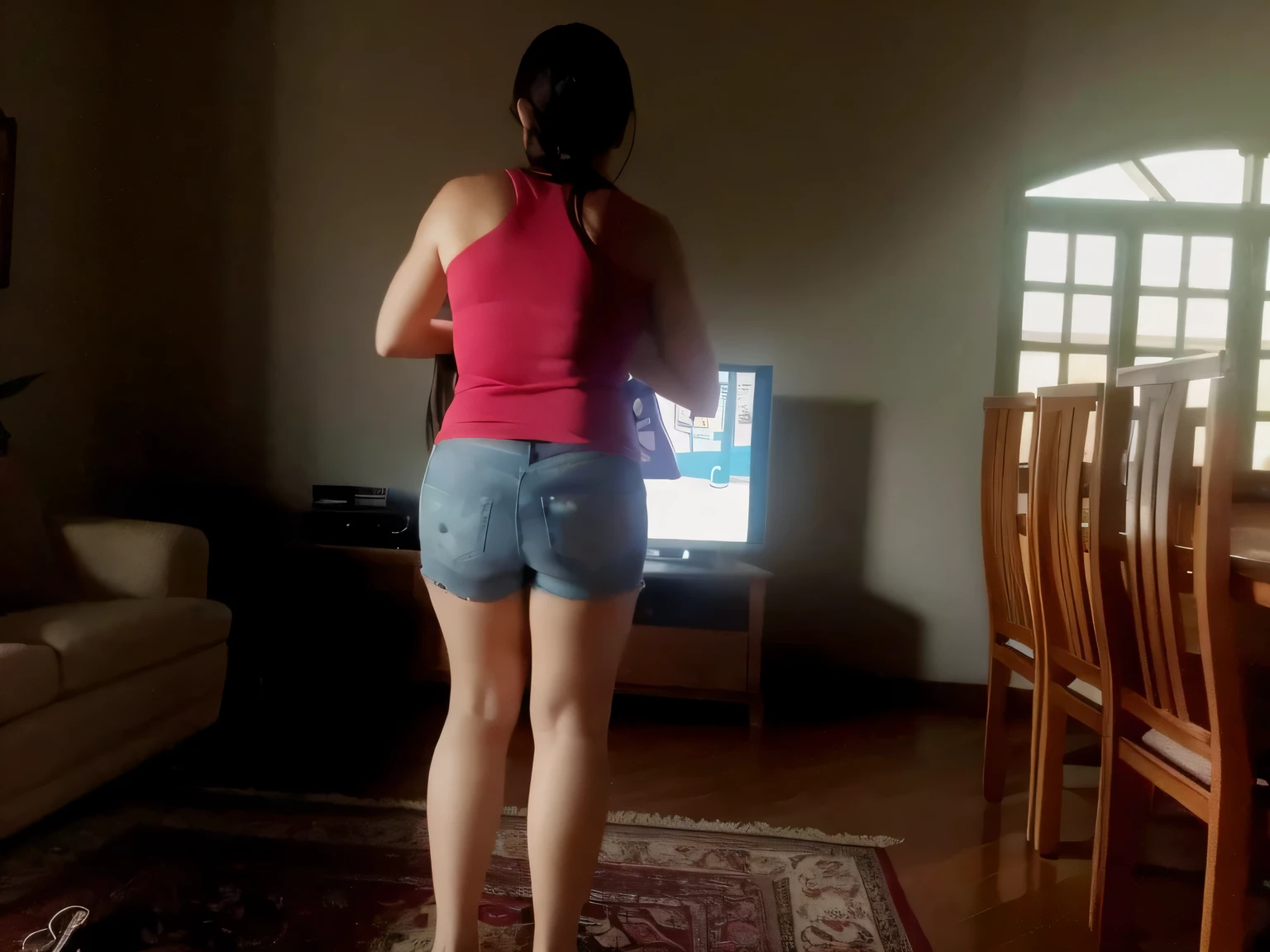 There's a woman standing in a living room playing a video game, from the back, Back view!!, tiro nas costas, view from the back, Tiroteio costeiro, tiro traseiro, shot from the back, Costas - Pneu, dancing in the background, long shot from the back, Bermuda, seen from the back, side view of her taking steps, from the back