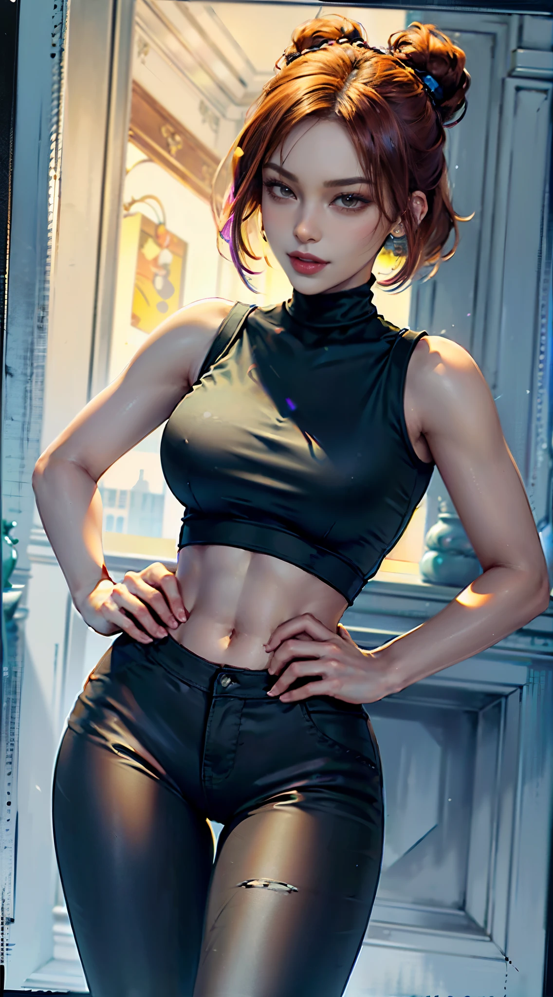 Portrait of a beautiful woman, looking at viewer, (from below:0.5), posing with one hand on her hips, (narrow hips:1.2), thin waist, (thin framed:1.2), muscilar, light skin, dark red short hair with a bun, hazel eyes, black eyebrows, mischievous grin, wearing black cotton long sleeveless shirt, black pants, confident, energetic, colorful