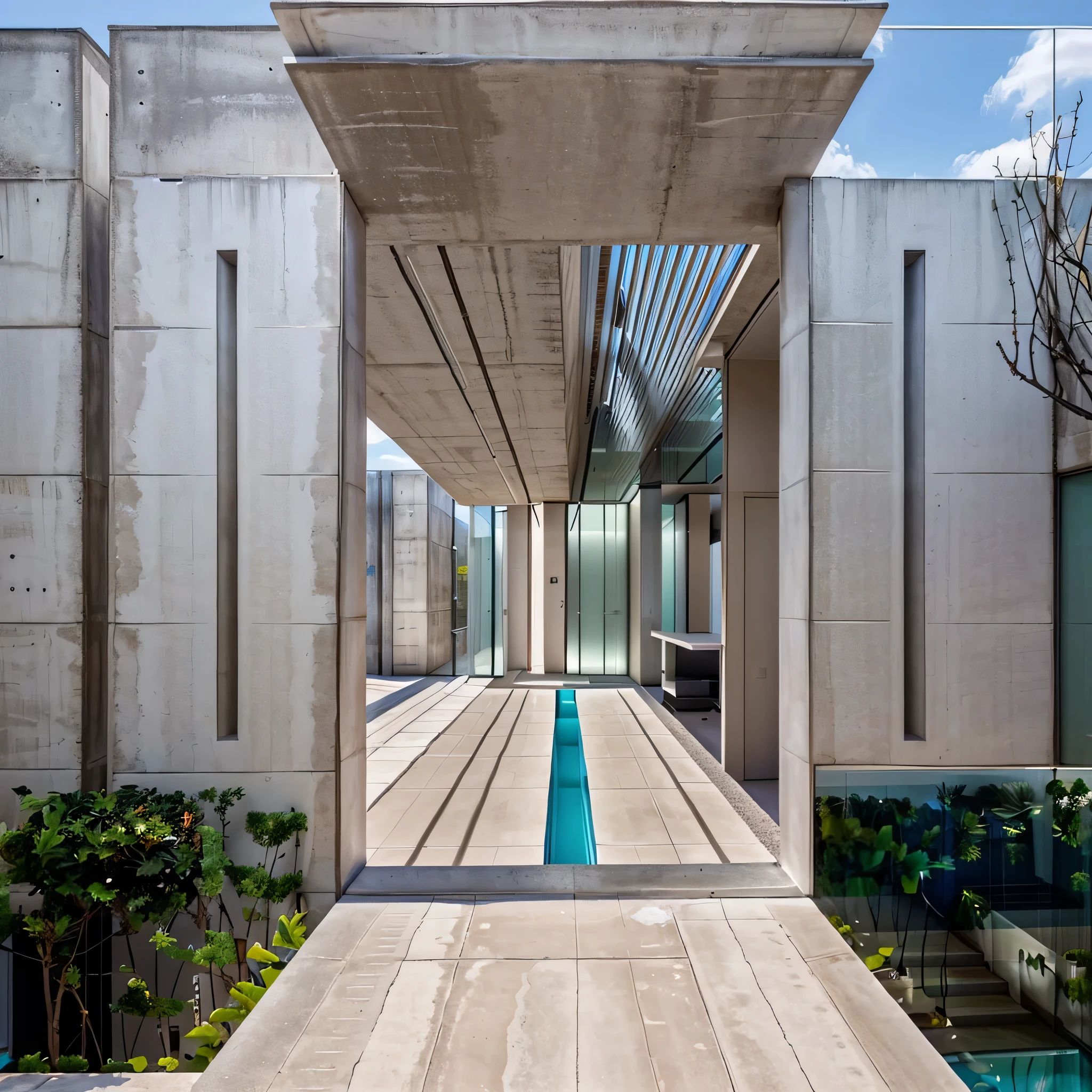 a view of a modern building with a large open door, lighting on concrete, minimalist design