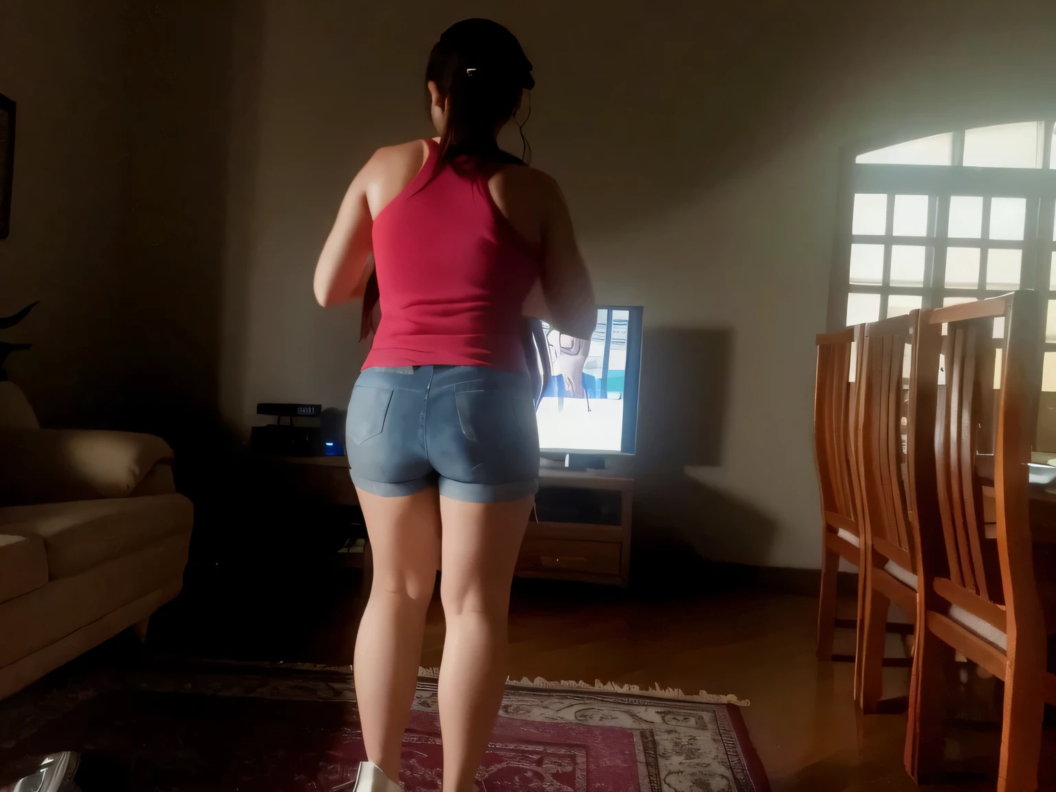 There's a woman standing in a living room playing a video game, from the back, Back view!!, tiro nas costas, view from the back, Tiroteio costeiro, tiro traseiro, shot from the back, Costas - Pneu, dancing in the background, long shot from the back, Bermuda, seen from the back, side view of her taking steps, from the back