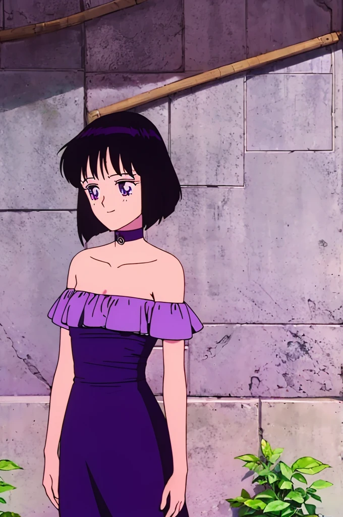 Hotaru_Tomoe, 1 girl, solo, Best quality, masterpiece, Teenager, Purple Eyes, Black Hair, Bob Hair, Bob Haircut, Smile Bare Neck, Bare Arms, Bare Shoulders, Ruffle Off-the-Shoulder Top, purple Strapless Dress, purple Dress, Long maxi dress, Abstract Brickwall Background, standing ,