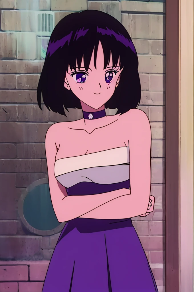 Hotaru_Tomoe, 1 girl, solo, Best quality, masterpiece, r, Purple Eyes, Black Hair, Bob Hair, Bob Haircut, Smile Bare Neck, Bare Arms, Bare Shoulders, Ruffle Off-the-Shoulder Top, purple Strapless Dress, purple Dress, Long maxi dress, Abstract Brickwall Background, standing ,