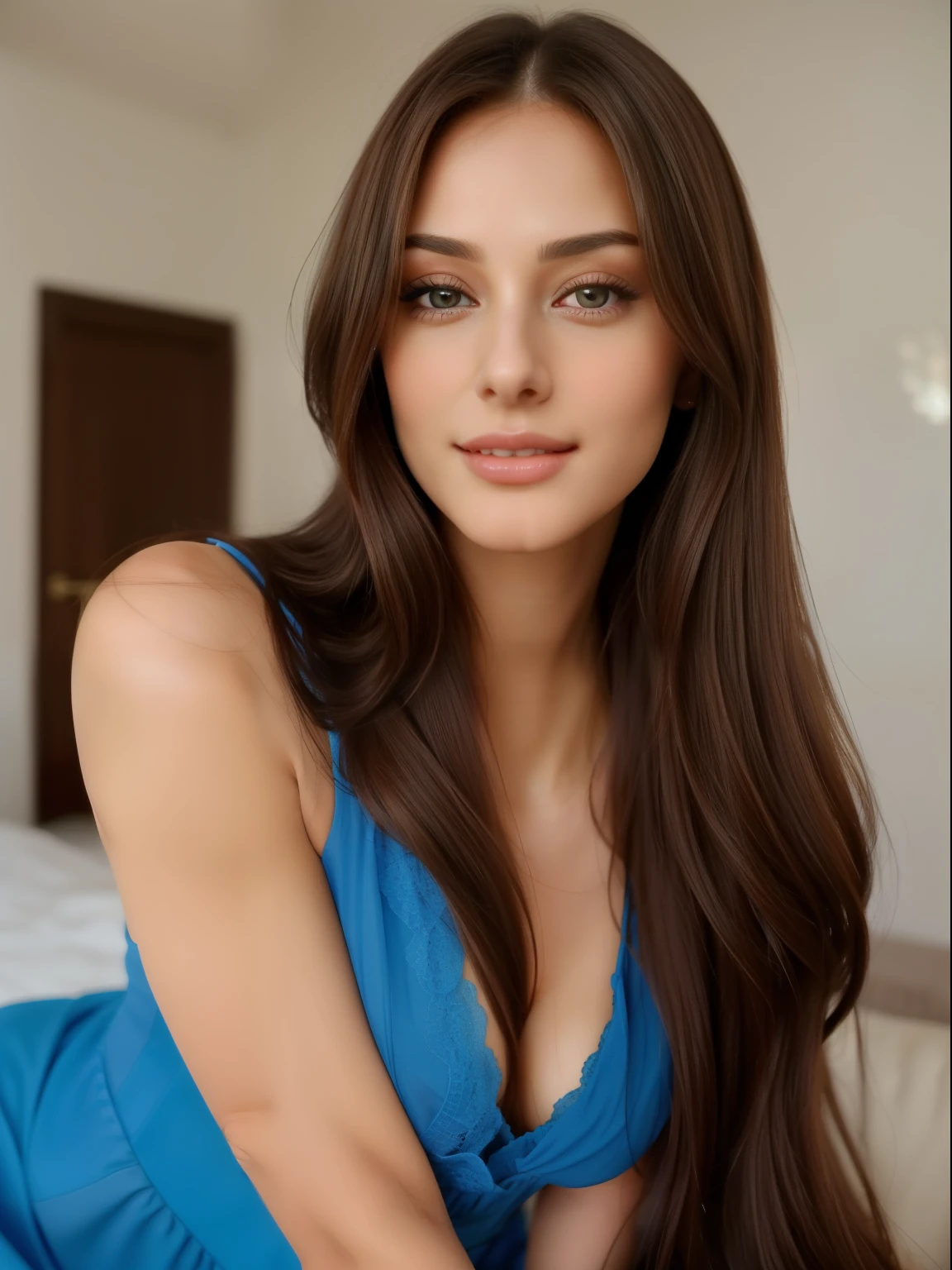 a close up of a woman with long hair wearing a blue dress, attractive girl, with lovely look, attractive neck, , with cute - fine - face, actress, very attractive and beautiful, attractive and beautiful, very seductive pose, with a seductive smile, very beautiful girl, cute beautiful, lovely woman, attractive woman, sexy face, attractive and good looking