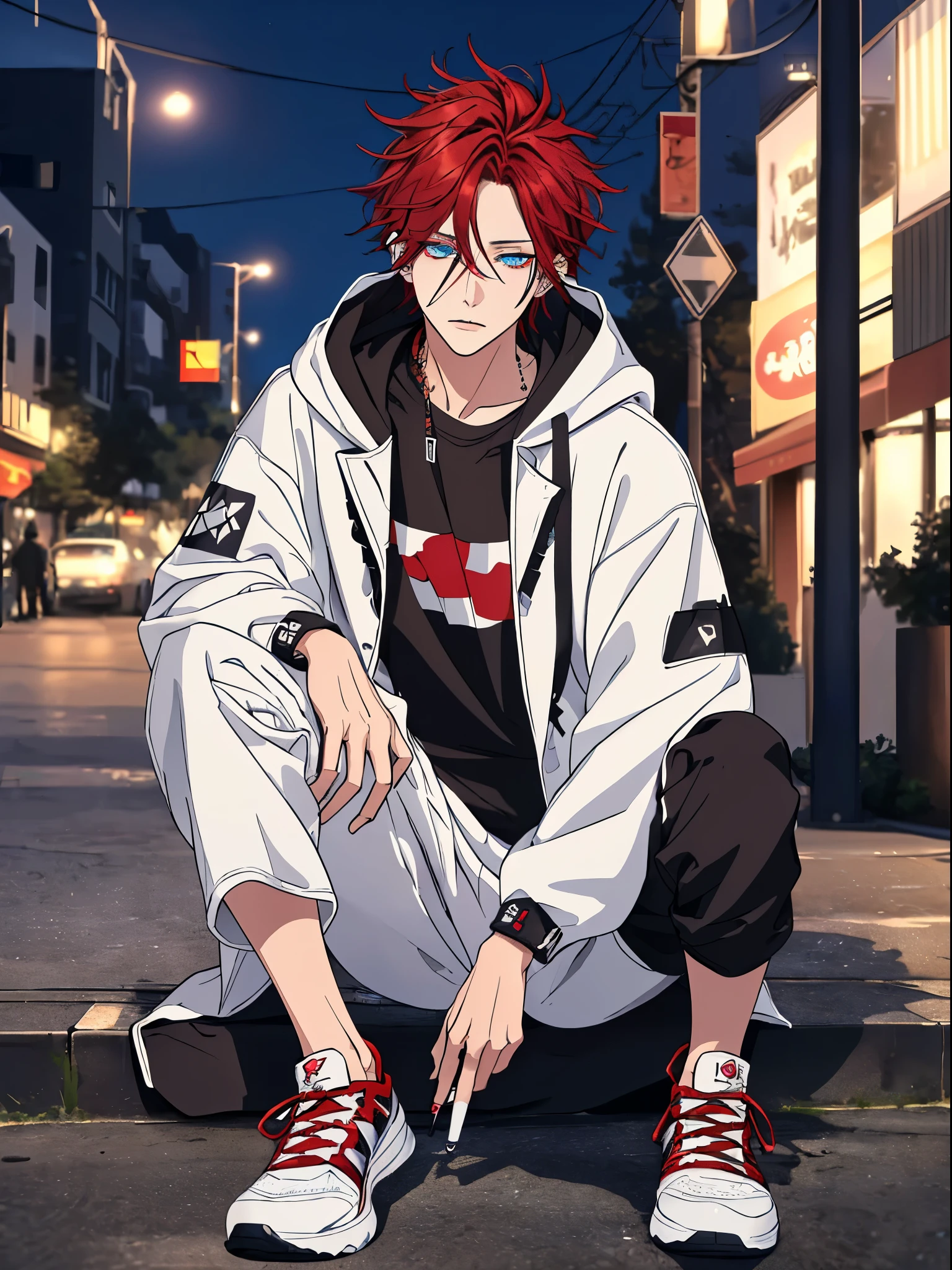 ((highest quality, masterpiece, 4k, finely detailed, detailed eyes, detailed face, dynamic lighting)), sitting on sidewalk ((solo)), 1 male, handsome, broad shoulders, cigarette in mouth, looking at viewer ((sharp eyes, half-lidded eyes. blue eye color)), ((red hair, messy hair), wearing modern streetwear: hoodie, sweatpants, sneakers, city at night in the background