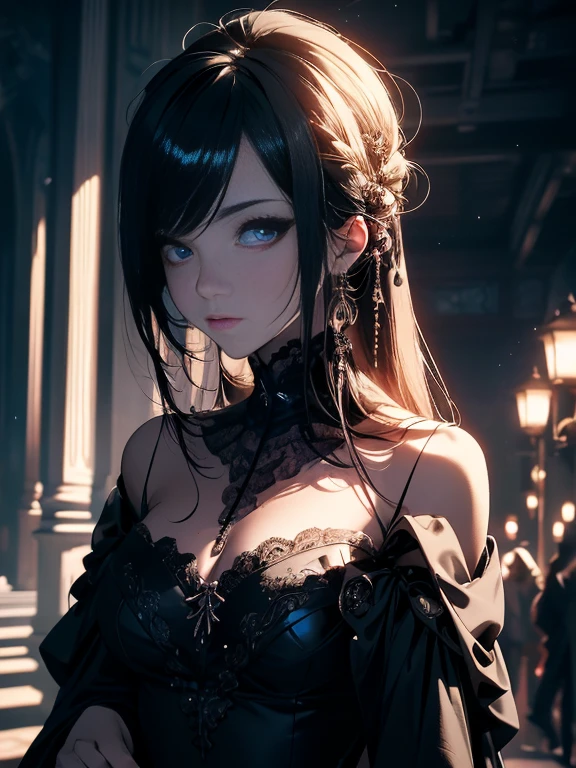 (Best Quality,4K,hight resolution,masutepiece:1.2),Ultra-detailed,Realistic,highly contrast,Halloween,人撮shadowy,Dark,Gothic,haunting,Expressive,Colored,Moody lighting,decoration,mask figure,Elements of surrealism,Attention to detail,Impressive brushwork,striking contrast,creepy,Ethereal,ghosts,shadowy,Mysterious,MACABRO,Undeservedly beautiful,Unforgettable charm,persuasion,charmed,haunting,image of memories.((elegant shiny dress))、Lots of races、lots of ruffles、lots of ribbons、In front of the majestic throne
