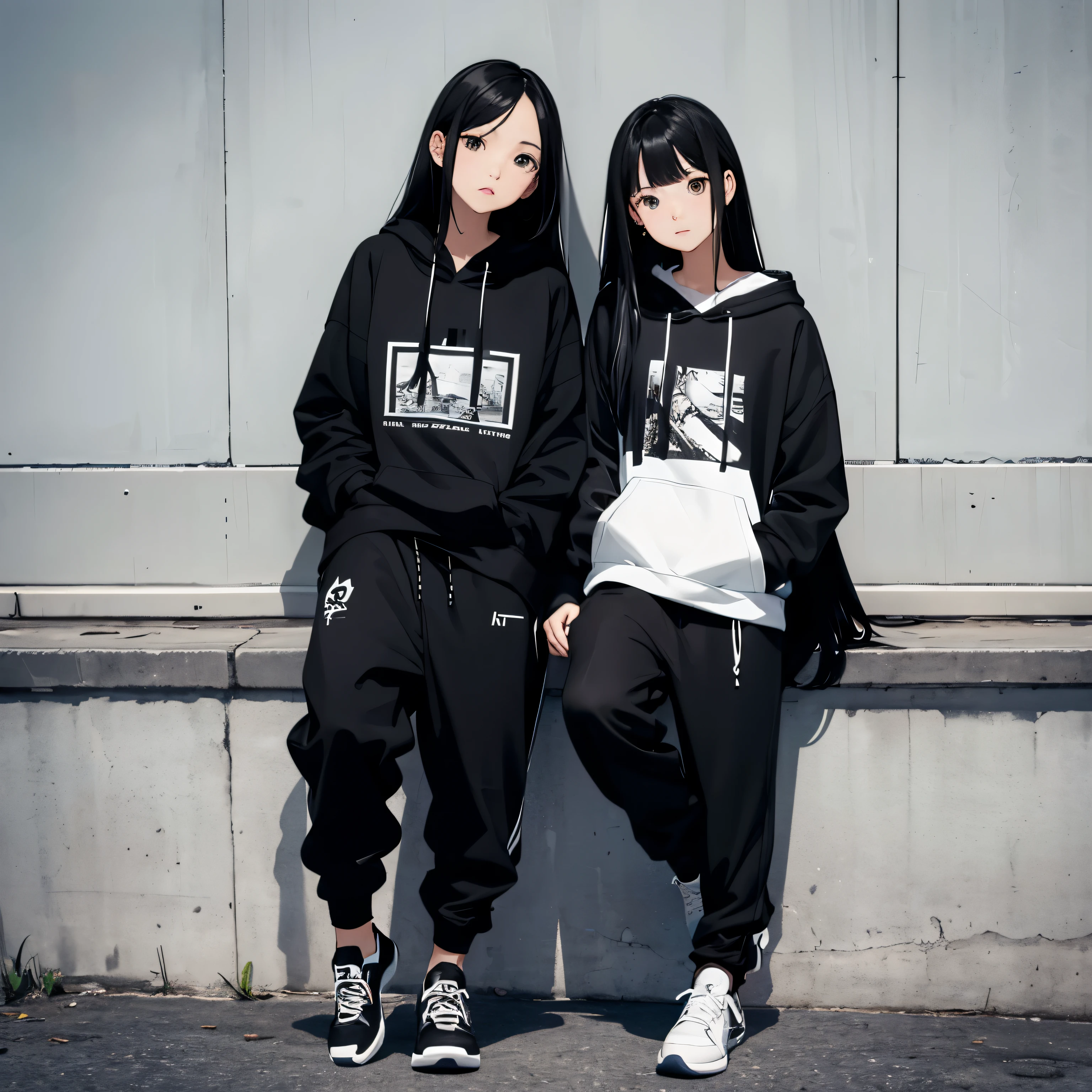 Two beautiful and cute girls, long black hair, black and white hoodie, trousers, sneakers, tall, decent, roadside, sit