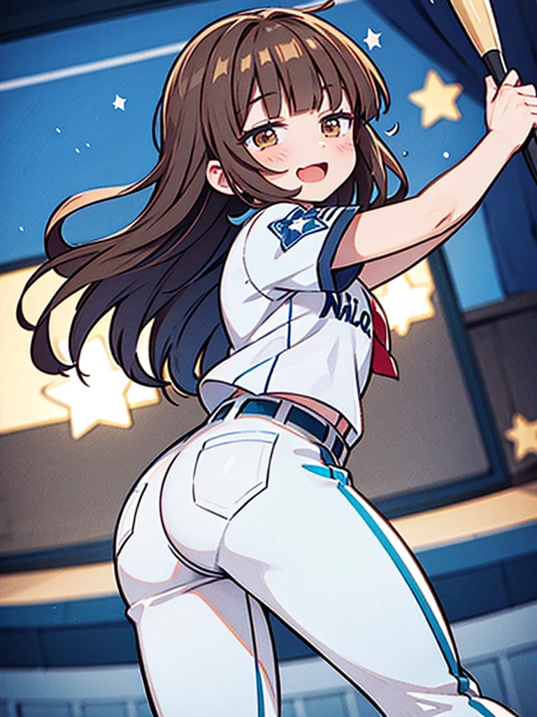 1girl, (solo), 
((Blunt bangs)), brown hair, brown eyes, long straight hair, ((silver-star-hairpin on her right bang)), ((baseball uniform)), ((blue stripe uniform)), Left Wing Seats at the baseball stadium, with flag, cheering, full house, huge smile, jump up and down with excitement, high-kick, looking back,
masutepiece, ultra-detailliert, best quality,