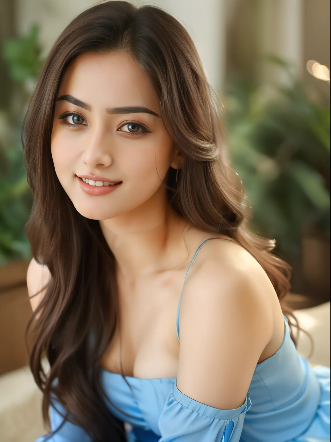 a close up of a woman with long hair wearing a blue dress, attractive girl, with lovely look, attractive neck, , with cute - fine - face, actress, very attractive and beautiful, attractive and beautiful, very seductive pose, with a seductive smile, very beautiful girl, cute beautiful, lovely woman, attractive woman, sexy face, attractive and good looking