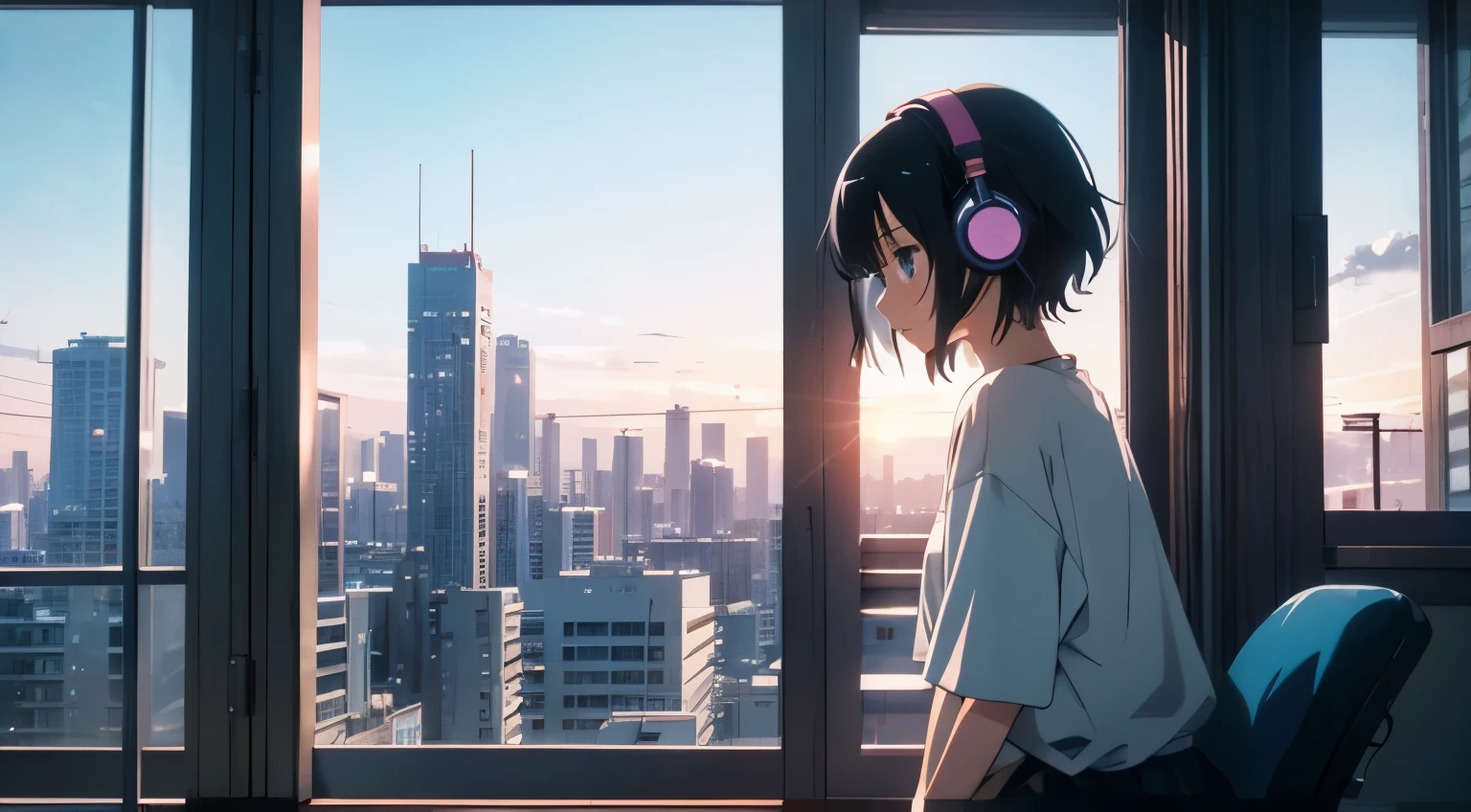 Anime girl with headphones looking out the window of the city, Short black hair、Rear view、evening glow、throughout the room、lofi-girl, anime vibes, lofi artstyle, anime style 4 k, anime aesthetic, nightcore, lofi feel, lofi art, anime art wallpaper 4k, anime art wallpaper 4k, anime wallpaper 4 k, anime wallpaper 4k, lofi vibes