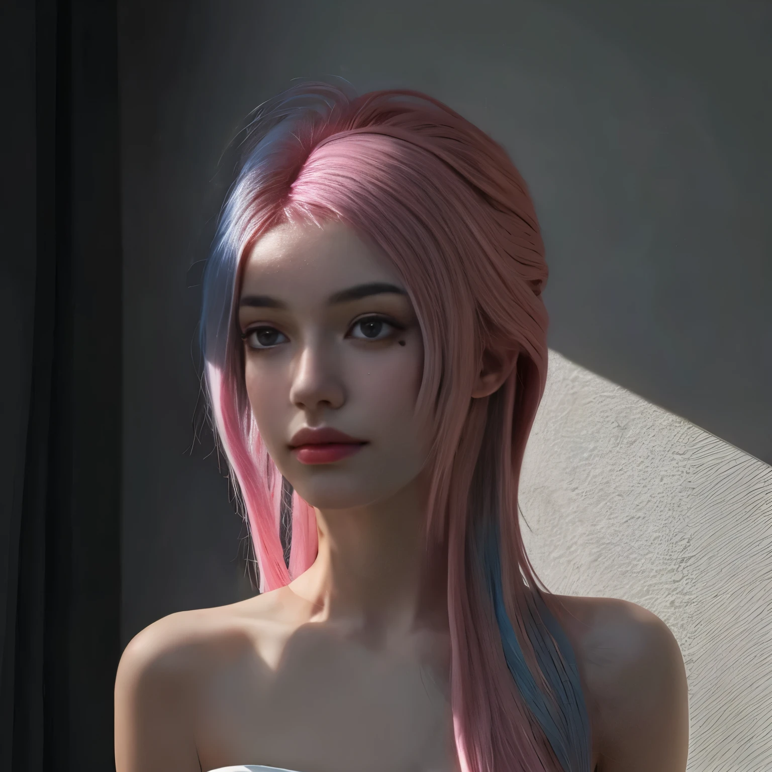 highly detailed, seductive erotic female is sweating, covered in rose pedals, (busty, pink/blue hair), centered on the face, face focused, intricate eyes,