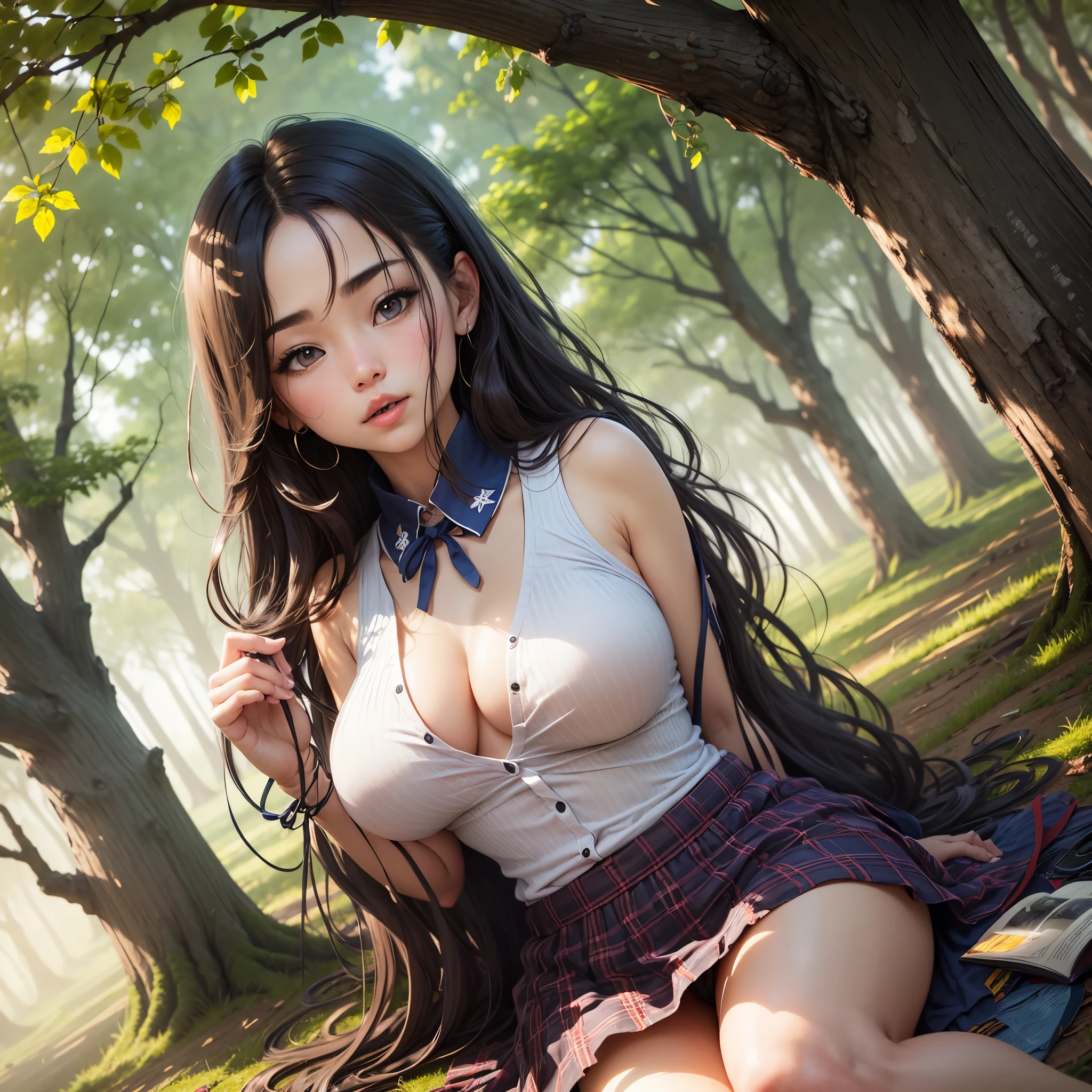 8K分辨率、Super Detailed pubic hairCG material、1 girl in, japanaese girl, (Sit on grass，Against the tree, read a book, Bring your knees together, Keep your feet apart, a skirt, Big breasts that expose the, (shaggy:1.1), (:1.1), (Look from the front, low angles), A piece of, Detailed pubic hair, Morning, sunraise, A high resolution, Super quality, Super masterpiece, Colorful leaves, --auto --s2