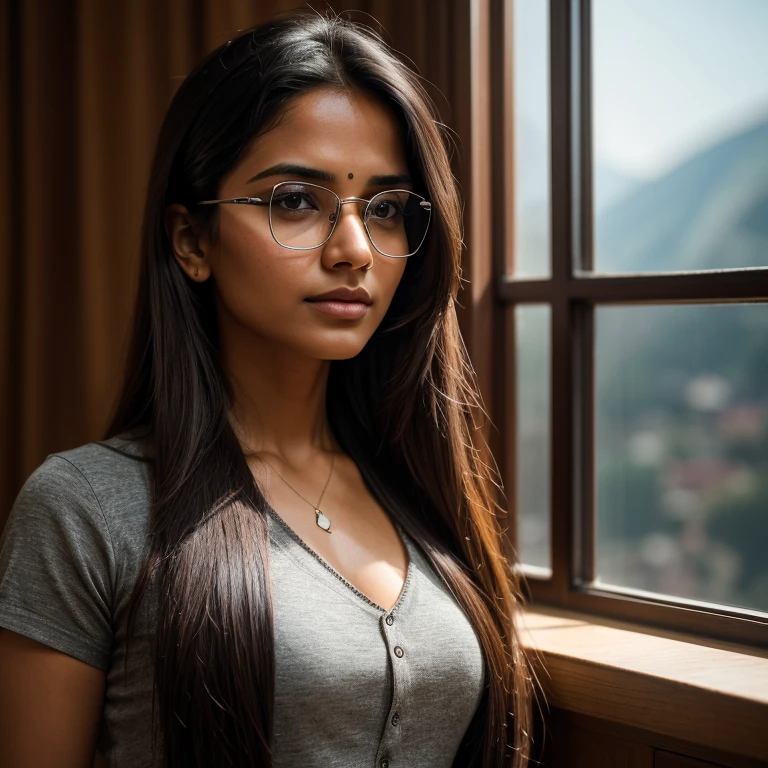 the beautiful woman with long hair and dark glasses, in the style of 8k resolution, close-up, dark silver and light brown, indian scenes, queer academia, high quality, precisionist lines, whistlerian --ar 69:128 --s 750 --v 5.2