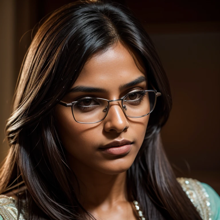 the beautiful woman with long hair and dark glasses, in the style of 8k resolution, close-up, dark silver and light brown, indian scenes, queer academia, high quality, precisionist lines, whistlerian --ar 69:128 --s 750 --v 5.2