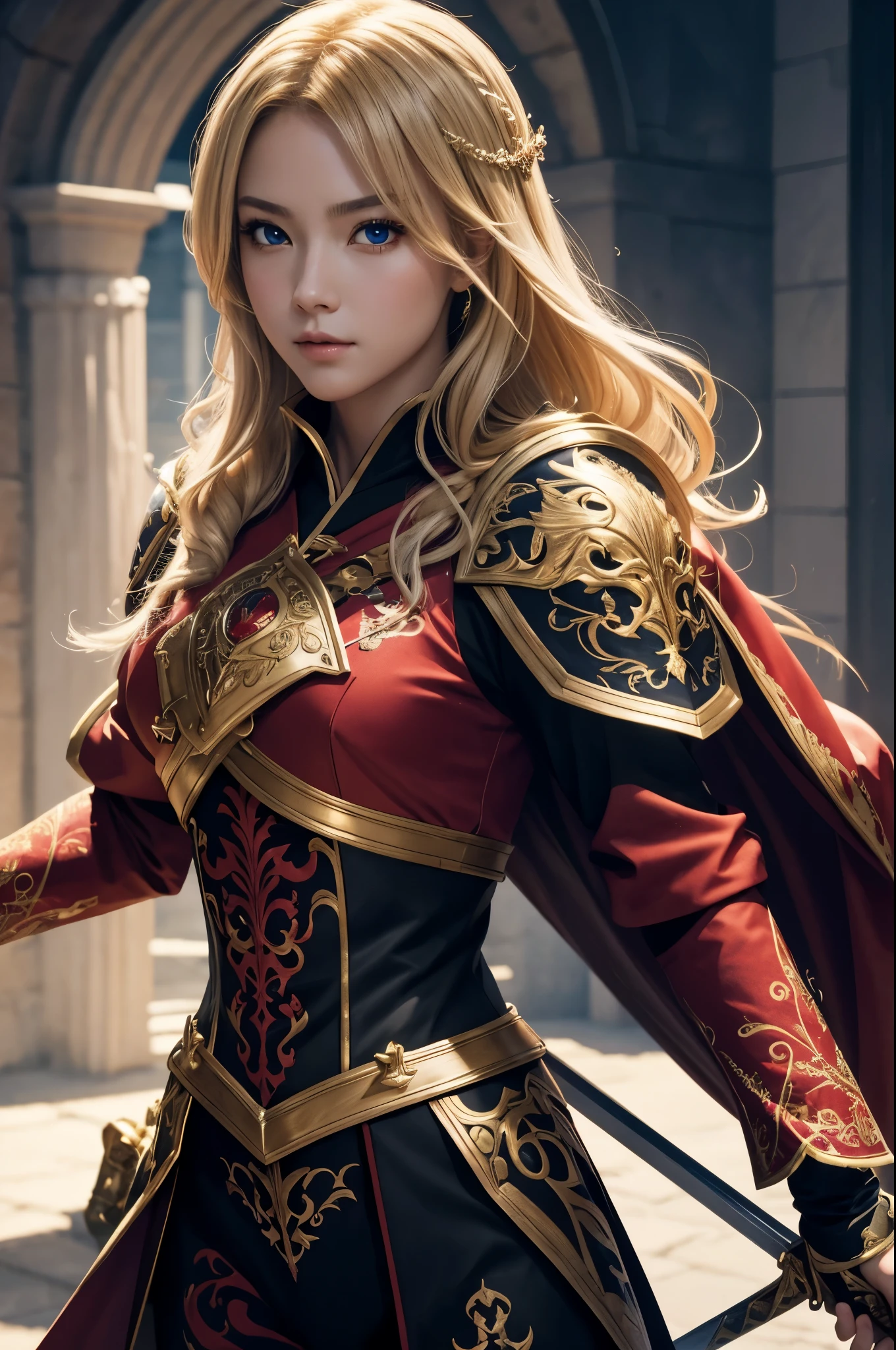 8K,Blonde girl wearing luxurious red, white, black and blue chest armor, Super beauty(Like the real thing)real looking skin,美しいPrincess Knight,Blue eyes, Princess Knight, ((美しい幻想的なPrincess Knight)), An elegant , gorgeous princess paladin,  美しいPrincess Knight,超A high resolution,Masterpiece,A hyper-realistic,Fantasyart,curacter art,cinestill 800,alluring glance,A sexy,a closeup,A sexyな胸鎧,細くwell-muscledな身体,combat scene,action scene,actionpose,Equipped with a rapier on the waist,Royal coat of arms carved into the chest armor,red and white luxurious cloak,Fight enemies,slender body,well-muscled,gorgeous red and black pants(Golden embroidery),tiny chest,Juvenile look,Rugged look,身長が低いPrincess Knight,
