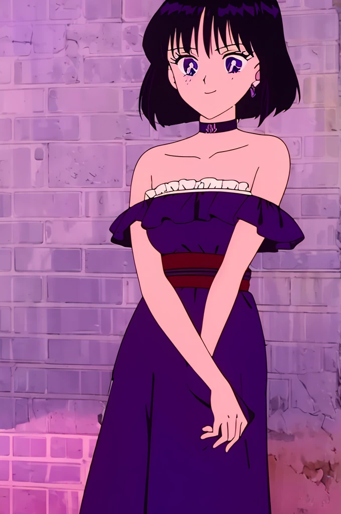 Hotaru_Tomoe, 1 girl, solo, Best quality, masterpiece, ager, Purple Eyes, Black Hair, Bob Hair, Bob Haircut, Smile Bare Neck, Bare Arms, Bare Shoulders, Ruffle Off-the-Shoulder Top, purple Strapless Dress, purple Dress, Long maxi dress, Colorful Abstract Brickwall Background, standing ,