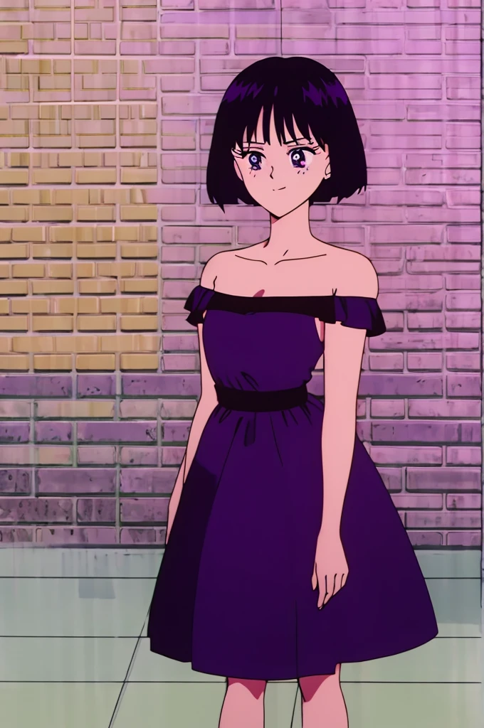 Hotaru_Tomoe, 1 girl, solo, Best quality, masterpiece, r, Purple Eyes, Black Hair, Bob Hair, Bob Haircut, Smile Bare Neck, Bare Arms, Bare Shoulders, Ruffle Off-the-Shoulder Top, purple Strapless Dress, purple Dress, Long maxi dress, Colorful Abstract Brickwall Background, standing ,