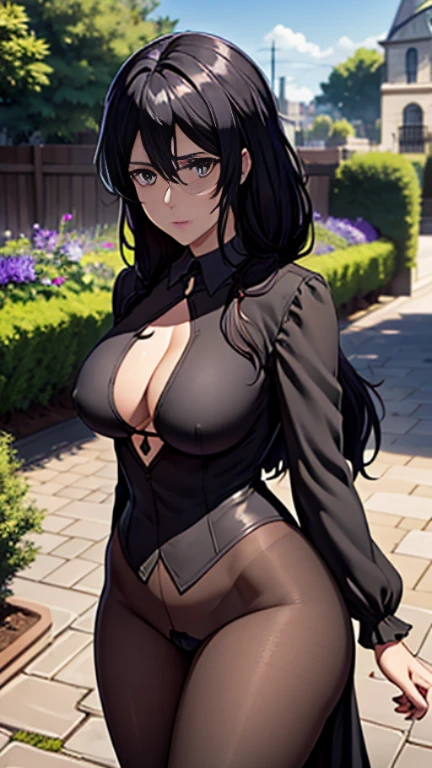 Long black hair,black colour suit and black shirt, massive sized boobs, thigh legs ,standing,blue colour eyes,ultra realistic detailed blue eyes, beautiful and perfect face, sunlight and garden background, Violet Evergarden's hairstyle, black hair