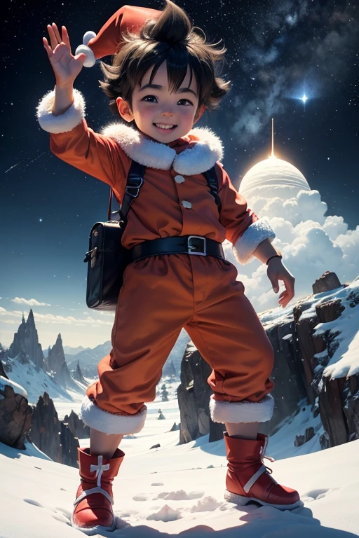  goku in santa claus suit, waving at camera, con una gran sonrisa, In a fantasy world, in the background a landscape in which a shooting star passes in the sky