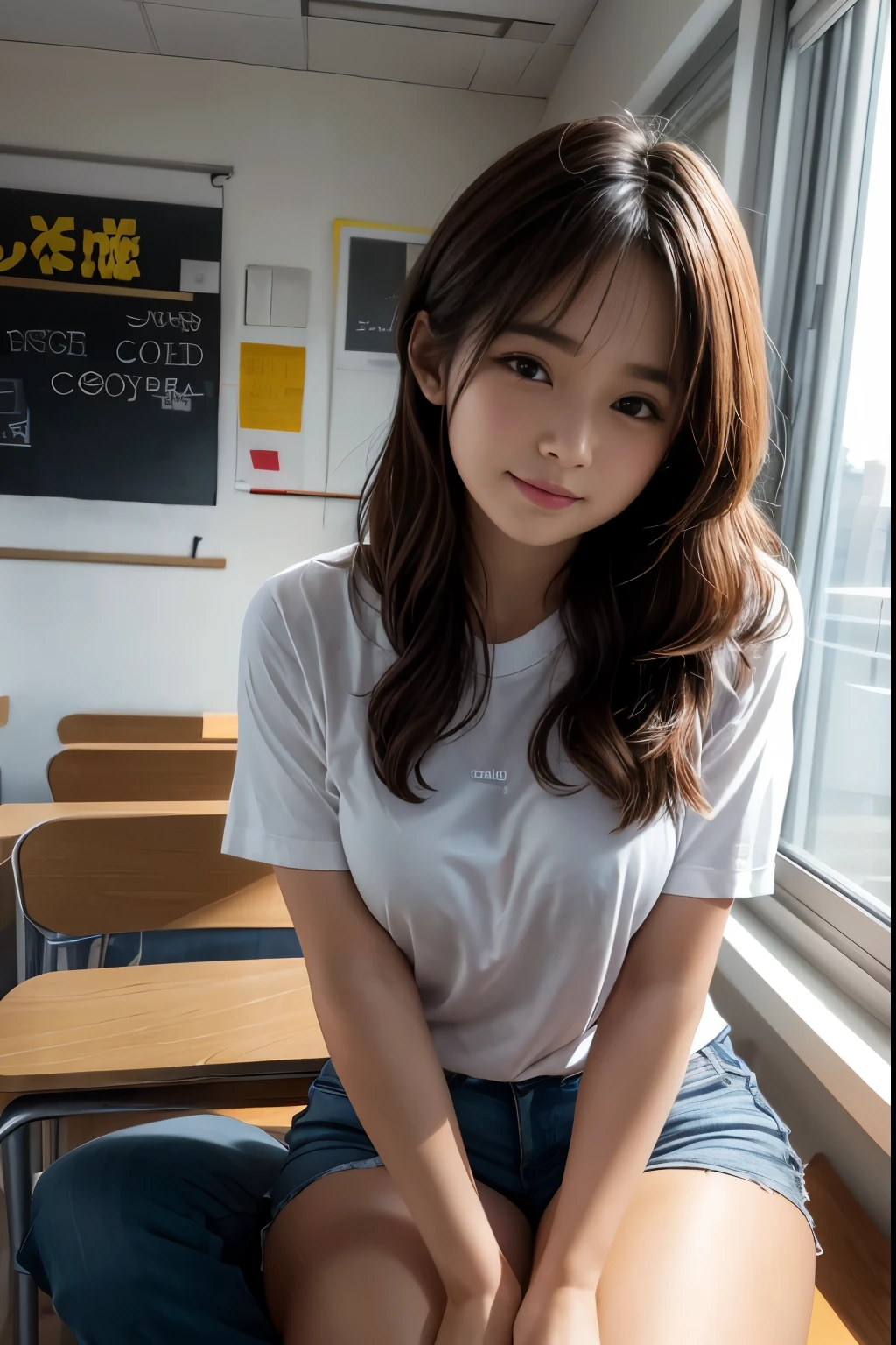 ((top-quality、8k、masterpiece:1.3、Raw photo))、foco nítido:1.2、(1 AESPA Girl:1.2)、(realisitic、Photorealsitic:1.37)、(Face Focus:1.1)、cute face、kindness、tiny chest、flat breast、short messy hair、sitting on、legs spread out、White summer casual shirt、skirt by the、She's rolling up her skirt、Classroom、natural soft light、a baby face、Embarrassed look、no-bra、Pink chikubi、