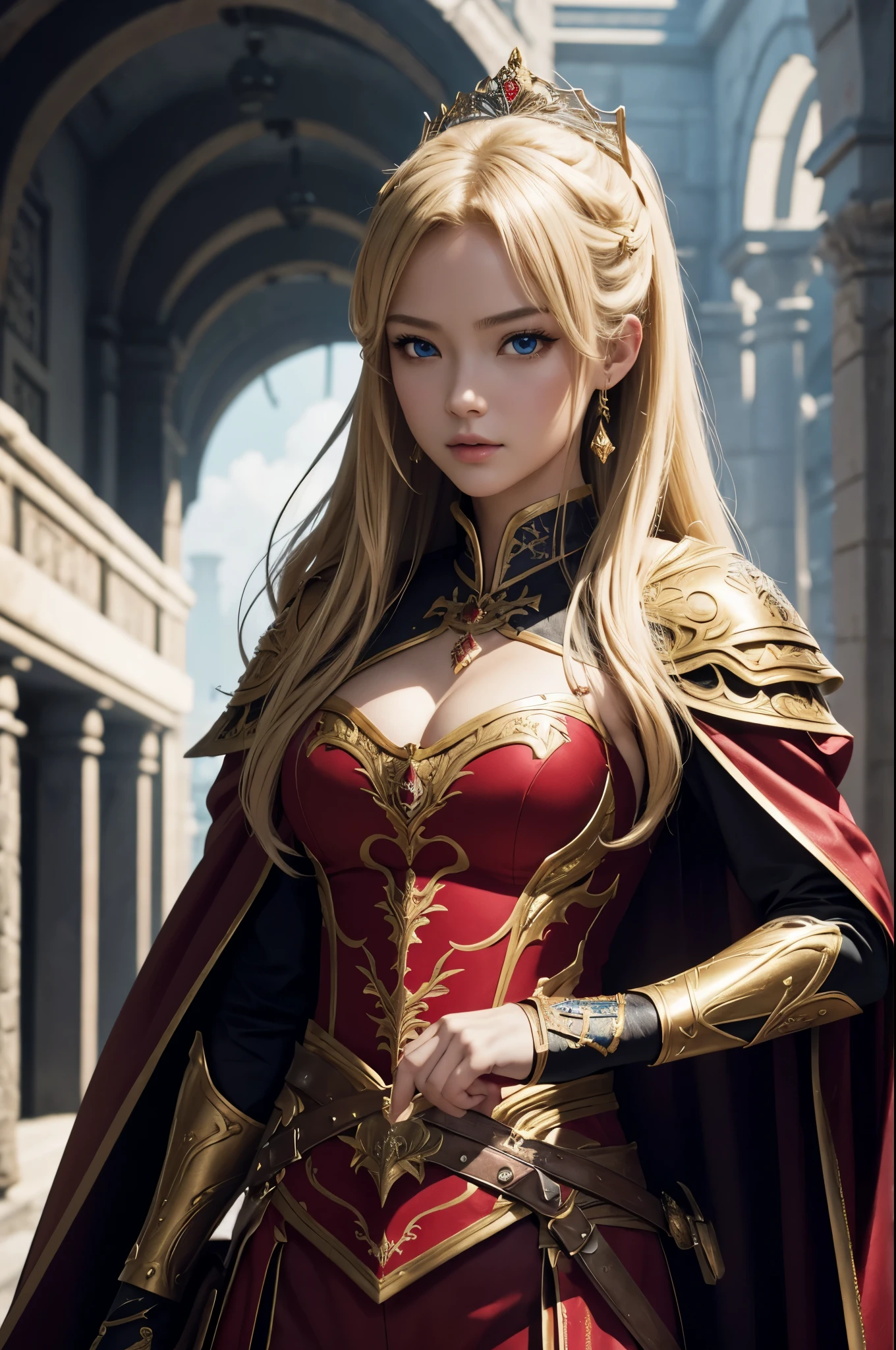 8K,Blonde girl wearing luxurious red, white, black and blue chest armor, Super beauty(Like the real thing)real looking skin,美しいPrincess Knight,Blue eyes, Princess Knight, ((美しい幻想的なPrincess Knight)), An elegant , gorgeous princess paladin,  美しいPrincess Knight,超A high resolution,Masterpiece,A hyper-realistic,Fantasyart,curacter art,cinestill 800,alluring glance,A sexy,a closeup,A sexyな胸鎧,細くwell-muscledな身体,combat scene,action scene,actionpose,Equipped with a rapier on the waist,Royal coat of arms carved into the chest armor,red and white luxurious cloak,Fight enemies,slender body,well-muscled,gorgeous red and black pants(Golden embroidery),tiny chest,Juvenile look,Rugged look,身長が低いPrincess Knight,